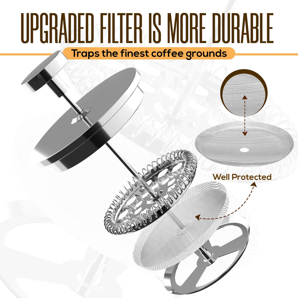 KICHLY 34 OZ French Press, Stainless Steel Double Walled Insulated Coffee Press with Refined Filters, Espresso and Tea Maker - Silver