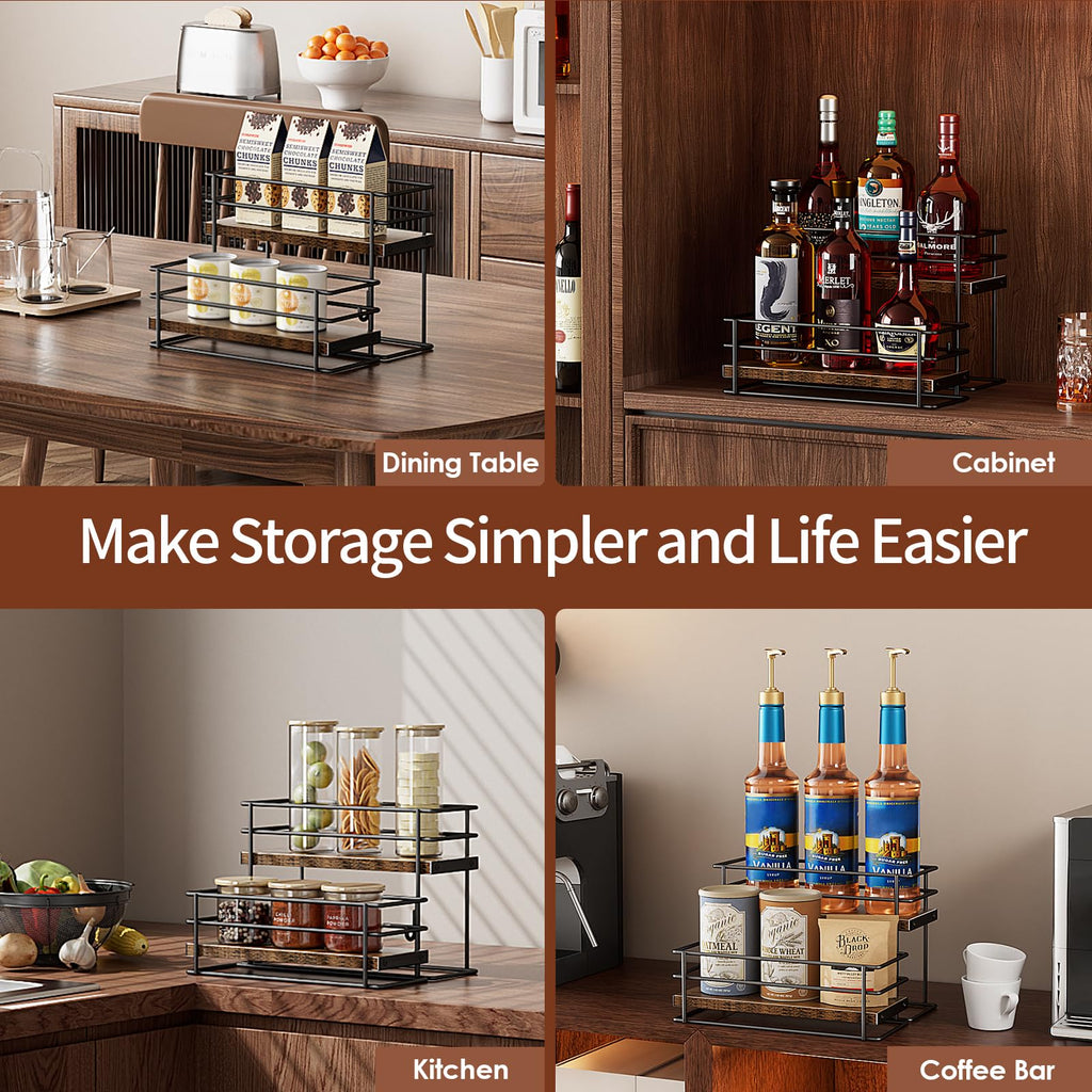 Nuovoware Coffee Syrup Organizer, 2-Tier 6 Bottles Separable Metal Rack with Wooden Base Whiskey Wine Dressing for Countertop Kitchen Bar, Black