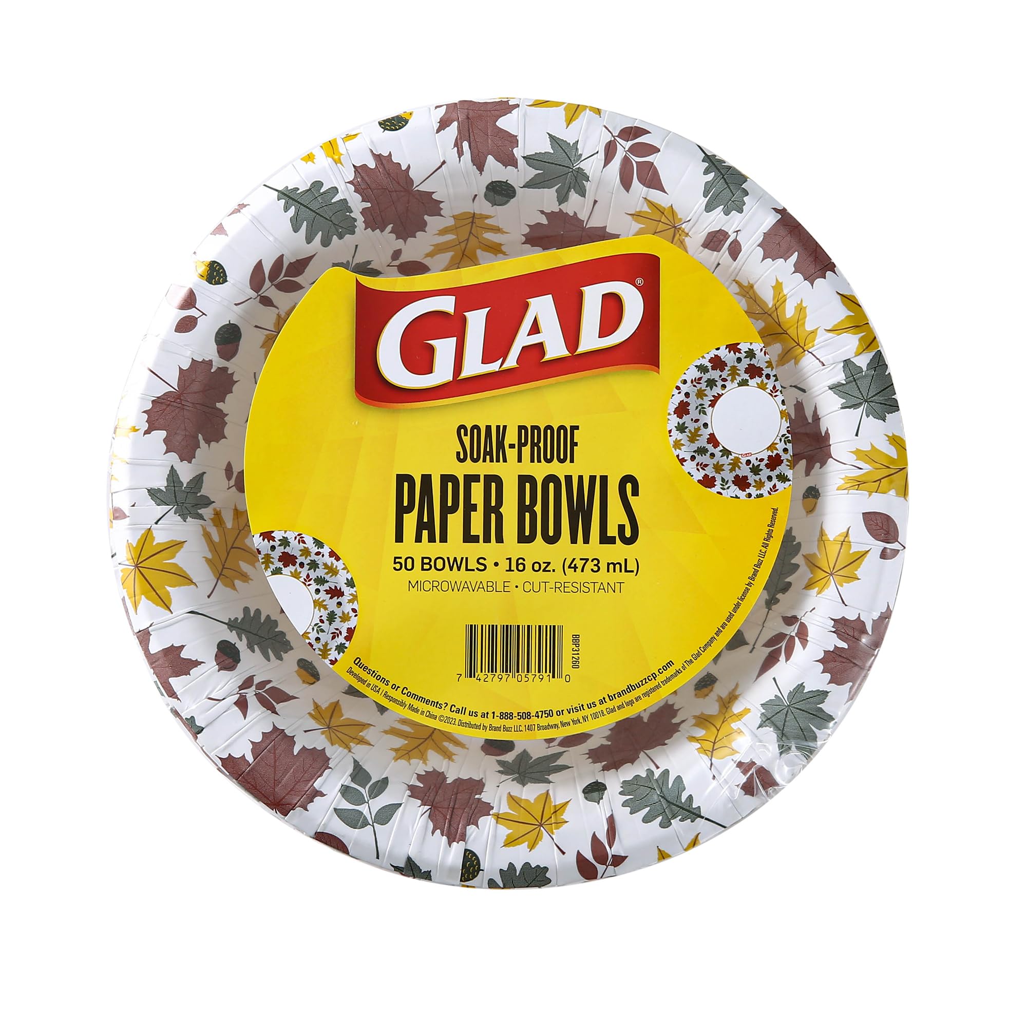 Glad Everyday Disposable Paper Bowls with Falling Foliage Design | Cut-Proof, Microwaveable Paper Bowls, Autumn Themed Disposable Bowls for Everyday Use | 16 Ounces, 50 Count