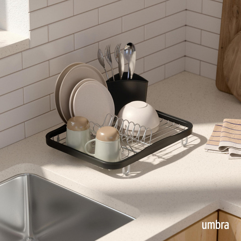 Umbra Sinkin Dish Drying Rack – Drainer Caddy with Removable Cutlery Holder – Use in Sink or On Counter, Standard, Black/Nickel
