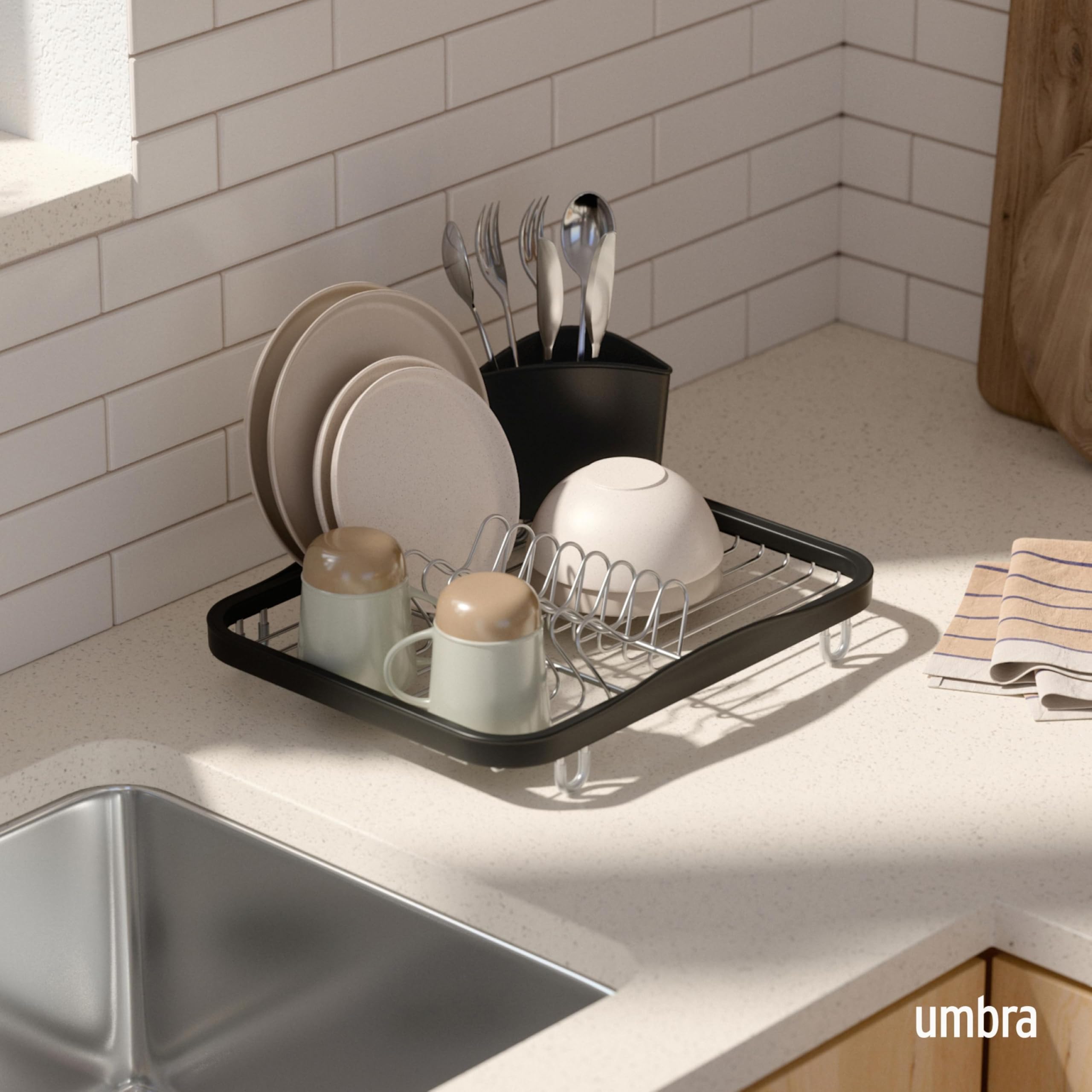 Umbra Sinkin Dish Drying Rack – Drainer Caddy with Removable Cutlery Holder – Use in Sink or On Counter, Standard, Black/Nickel