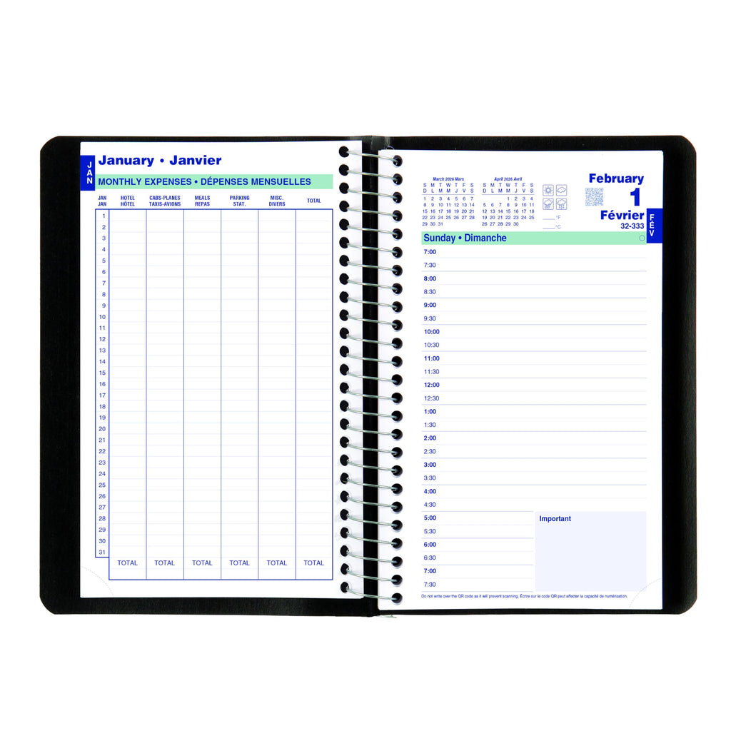 Blueline® 2026 Essential Daily Planner, Appointment Book, 12 Months, January to December, Spiral Binding, 8" x 5", Black, Bilingual (C1504.81BT-26)