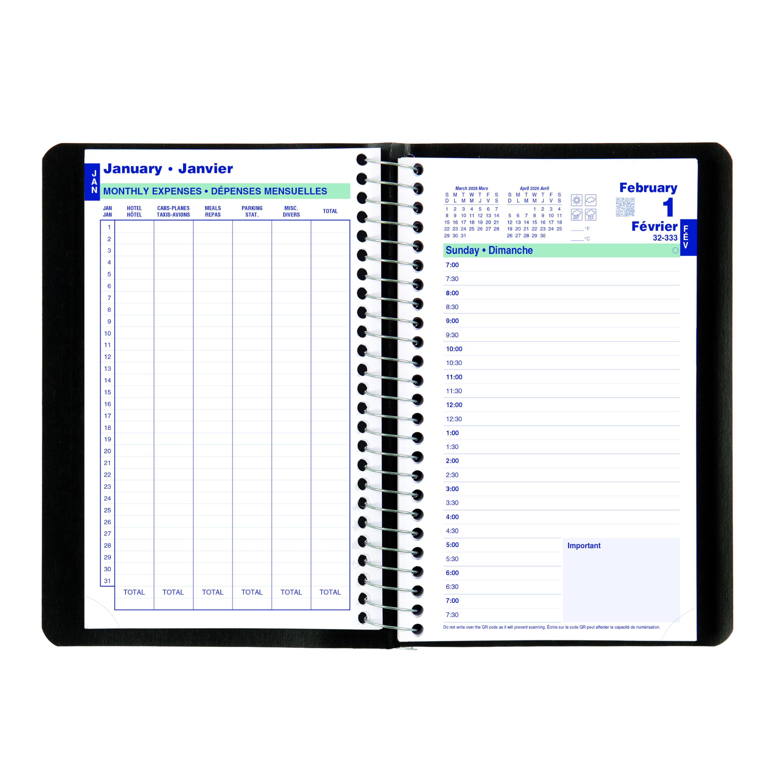 Blueline® 2026 Essential Daily Planner, Appointment Book, 12 Months, January to December, Spiral Binding, 8" x 5", Black, Bilingual (C1504.81BT-26)
