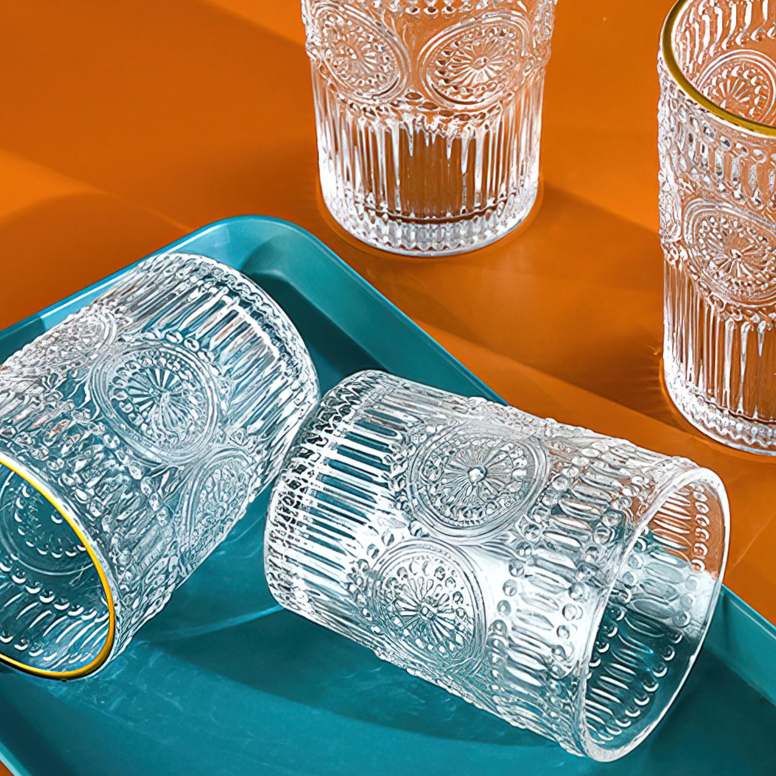 Vintage Drinking Glasses Set of 12, Textured Clear Striped Glass Cups, 10oz Ribbed Glassware Set, Tall Water Glass Tumblers, Mojito Cups, Cocktail Glass, Iced Coffee Cup, Bar Glassware