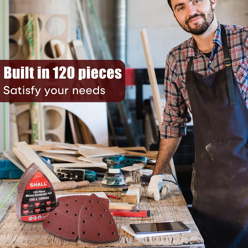 SHALL 120-Piece Mouse Sander Pads, Detail Sander Sandpaper, Palm Sander Sandpaper, Assorted Grits, 40, 60, 80, 120, 180 & 240 Mixed Grits Included, Suitable for Sander