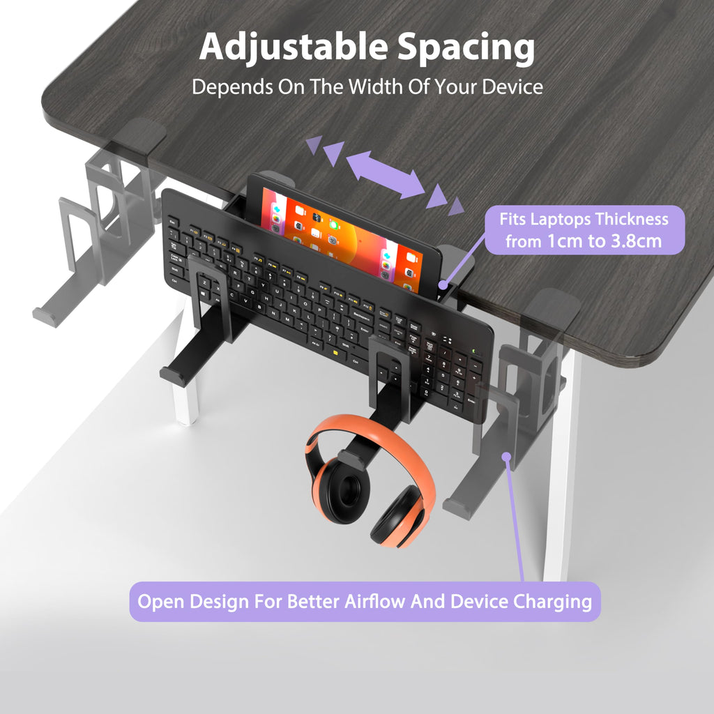 ROLIZOE 6 in 1 Adjustable Under Desk Laptop Holder with Keyboard Tray & Headphone Stand No Drilling Clamp On Magazine File Holder Vertical Laptop Stand Desk Side Storage Fits Up to 4.5cm Table Thick
