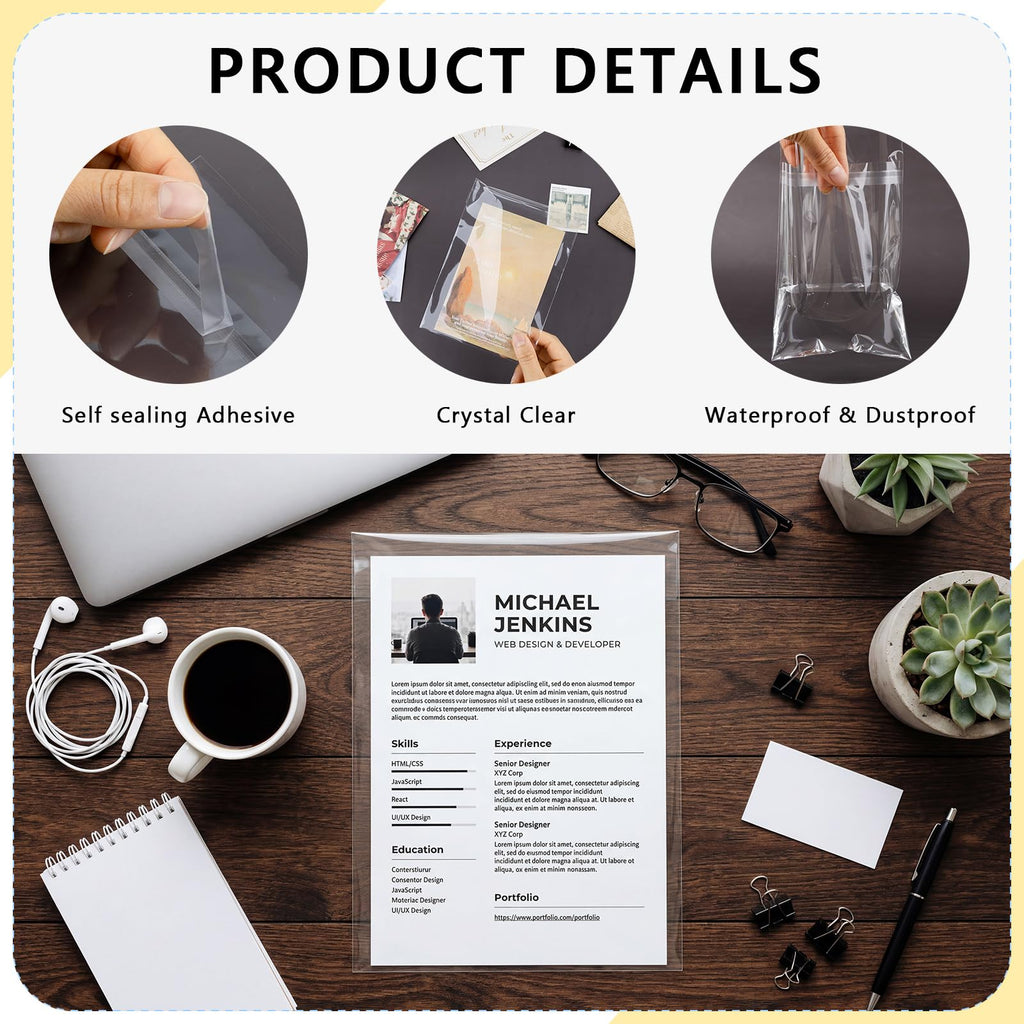 AUEAR, 5"x7" (100 Pack) Clear Plastic Sleeves - Acid Free 1.6mil Crystal Resealable Bags - Fit for 5x7 Art Prints, Photos, Cards & Envelope