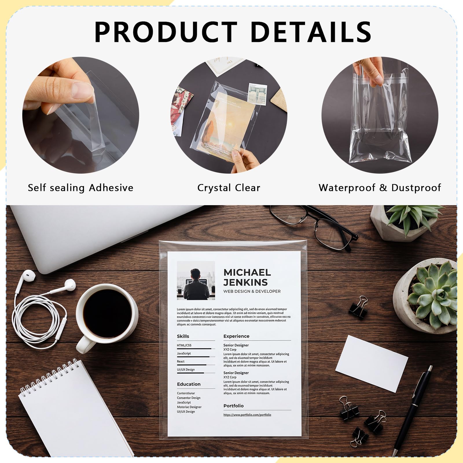 AUEAR, 5"x7" (100 Pack) Clear Plastic Sleeves - Acid Free 1.6mil Crystal Resealable Bags - Fit for 5x7 Art Prints, Photos, Cards & Envelope