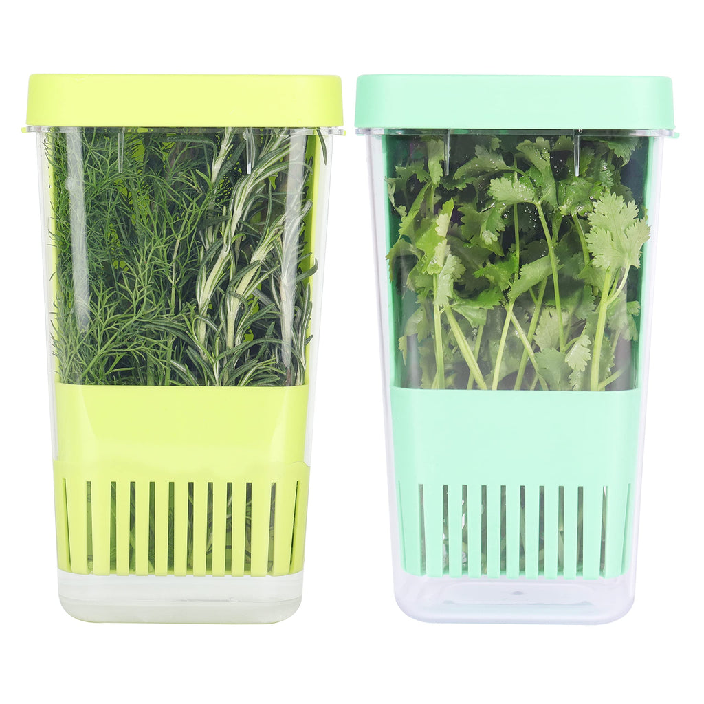 LAWNFUL 2 Pack Fresh Herb Keeper for Refrigerator, Clear Herb Saver, Storage Container for Cilantro, Parsley, Thyme, Mint & Asparagus, Preserver Keeps Fresh Herbs for 3 Times Longer, Green & Blue