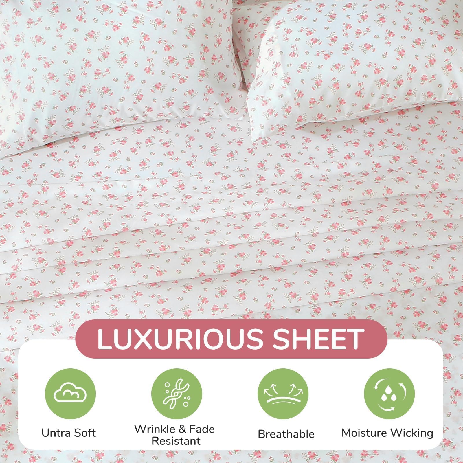 MUXHOMO Queen Size 4 Piece Sheet Set, Soft Breathable Bed Sheet Set for Bedroom with Deep Pocket Up to 16", Wrinkle-Free & Cooling Bedding for Oeko-TEX Certified - Blossoms Pink