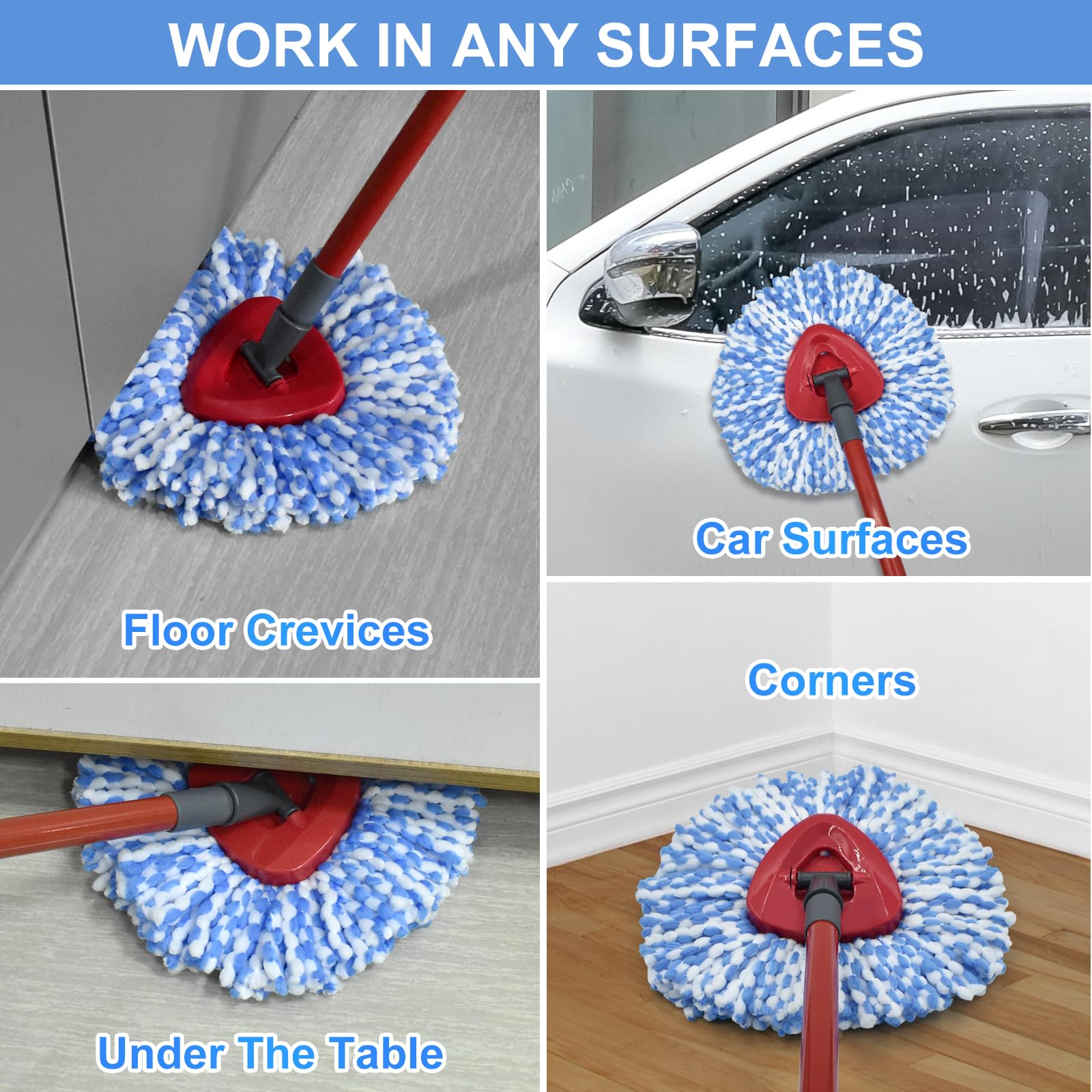 Spin Mop Replace Head, Mop Handle and Base Compatible with Vileda RinseClean 2-Tank System, 3 Mop Replacement Head, 4-Section Sturdy Iron 30-58in Mop Handle and 1 Triangle Mop Head Cover Combo Set