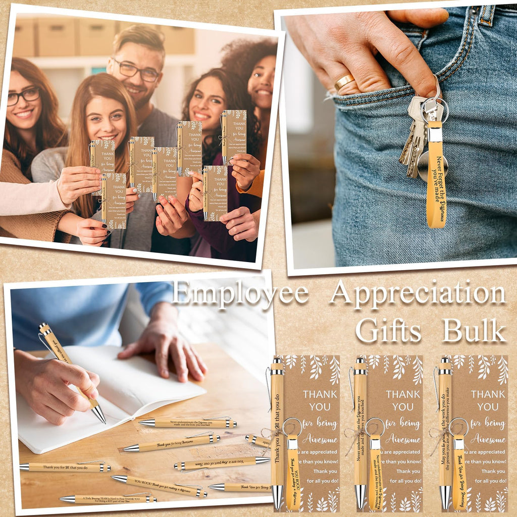 60 Pcs Employee Appreciation Gifts Inspirational Bamboo Ballpoint Pens Bulk Thank you Quotes Cards Silicone Keychain with Twine for Colleagues Teacher Team Volunteer Supplies (Wood Color)