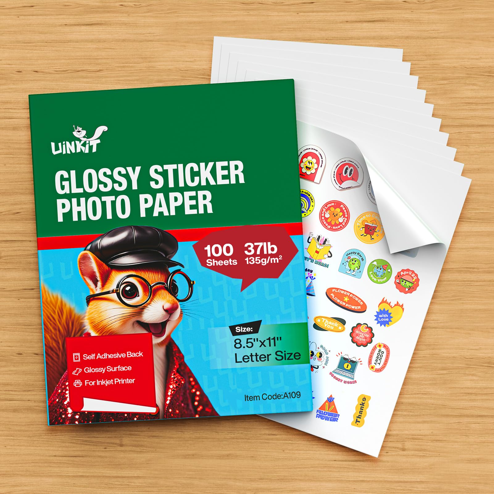 Uinkit 100 Sheets Printable Glossy Sticker Label Photo Paper Self Adhesive Sticky 8.5 x 11 6.5Mil for Dye Inkjet Printer A109 (100, 8.5x11Inches)