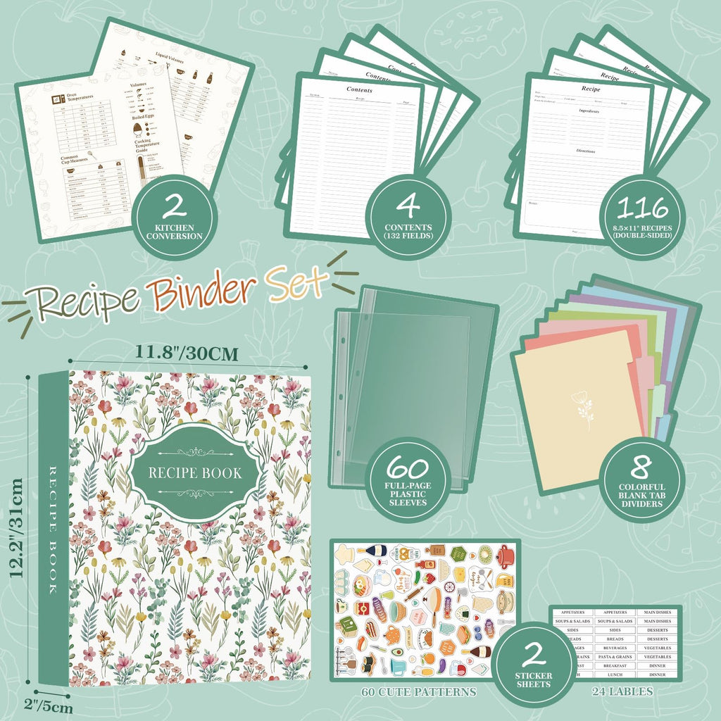 Lanpn Recipe Binder 8.5x11 3 Ring Kit, Blank Organizer Binder Recipe Book Waterproof Cookbook to Write in Your Own Recipes with 60 Plastic Sleeves,116 Recipes, Dividers,Labels & Stickers, Green