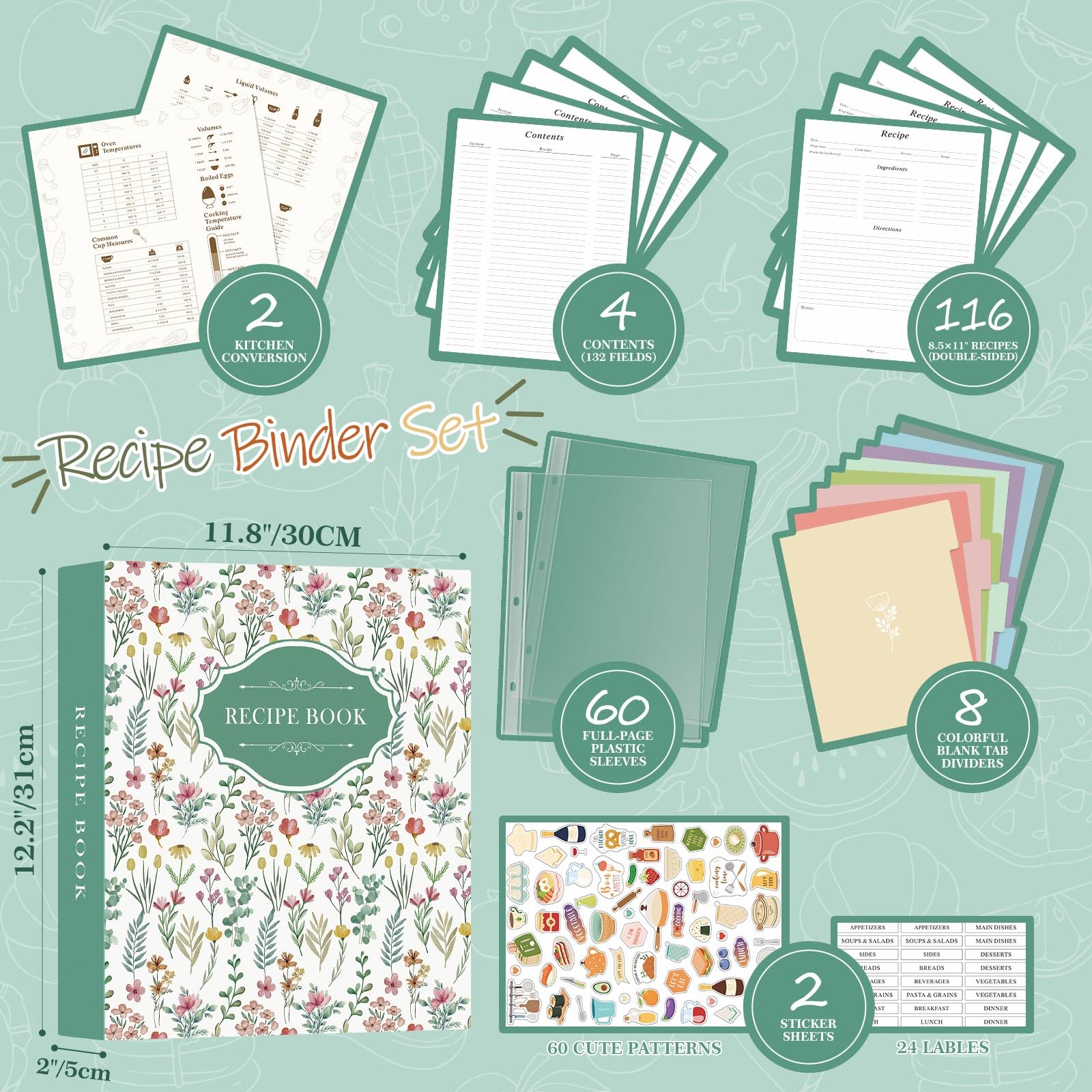 Lanpn Recipe Binder 8.5x11 3 Ring Kit, Blank Organizer Binder Recipe Book Waterproof Cookbook to Write in Your Own Recipes with 60 Plastic Sleeves,116 Recipes, Dividers,Labels & Stickers, Green