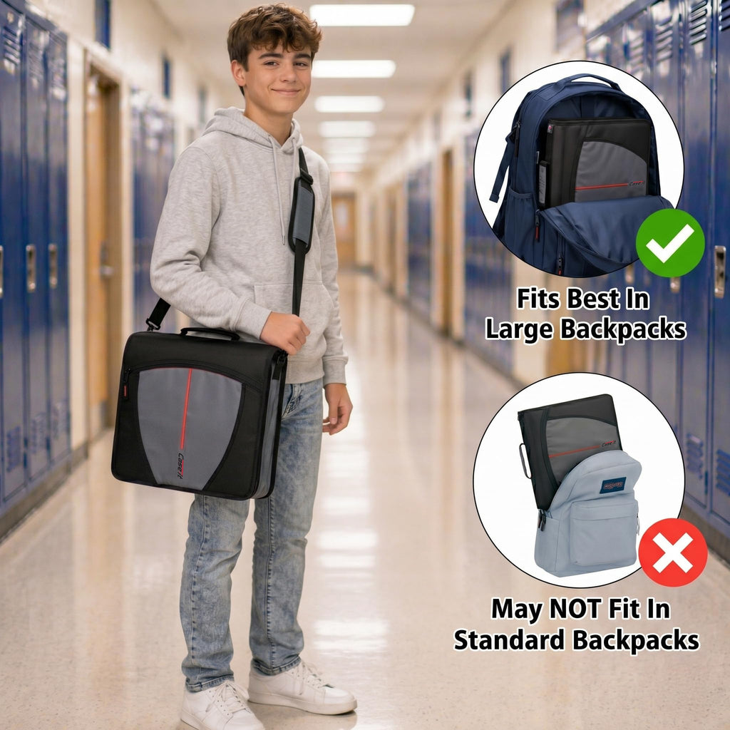 Case-it The Mighty Zip Tab Zipper Binder - 3 Inch O-Rings - 5 Color Tab Expanding File Folder - Multiple Pockets - 600 Sheet Capacity - Comes with Shoulder Strap - Jet Black D-146