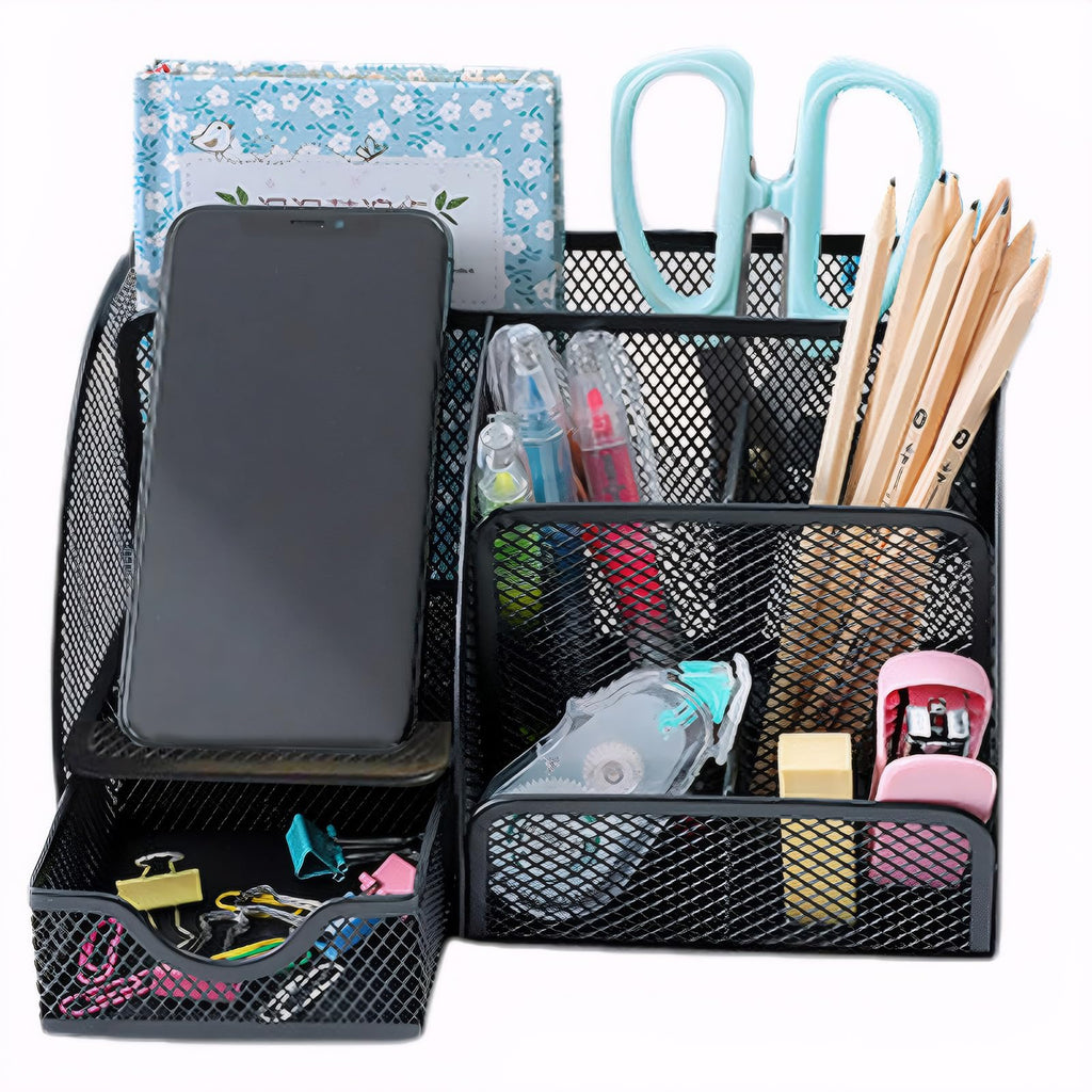 Desk Organizer with Drawer and Compartments, Small Mesh Office Desk Accessories Supplies, Metal Black Stationary Pencil Pen Holder for desk organizers and storage (Black)