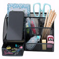 Desk Organizer with Drawer and Compartments, Small Mesh Office Desk Accessories Supplies, Metal Black Stationary Pencil Pen Holder for desk organizers and storage (Black)