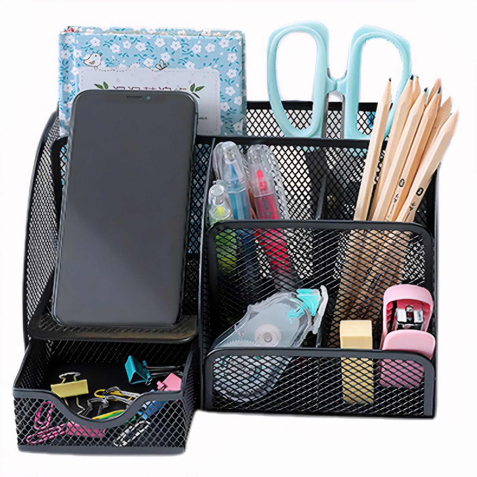 Desk Organizer with Drawer and Compartments, Small Mesh Office Desk Accessories Supplies, Metal Black Stationary Pencil Pen Holder for desk organizers and storage (Black)