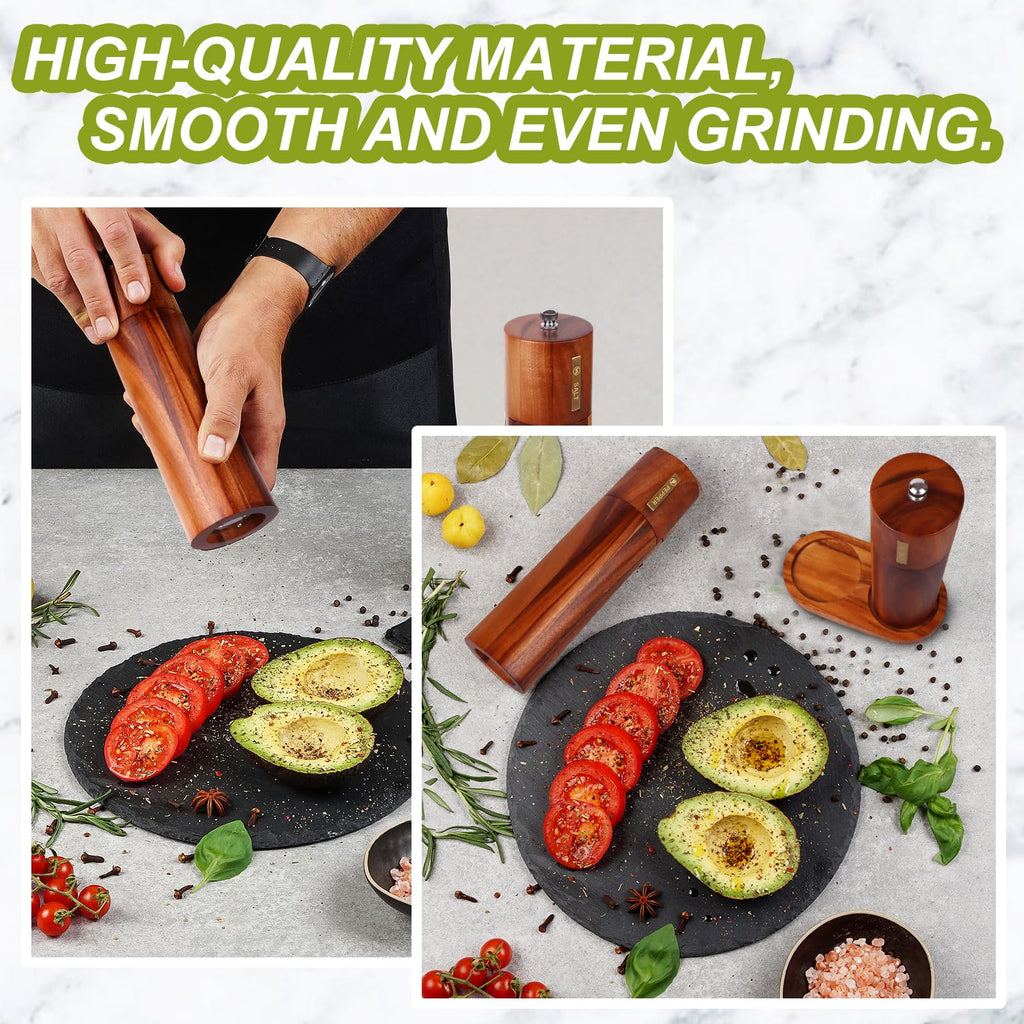 2 Set Wood Salt and Pepper Grinder 8 Inch Manual Salt and Pepper Mill with Tray Adjustable Coarseness Refillable Grinder with Gold Bottle Label Smooth and Quality Grinding Mechanism for Kitchen