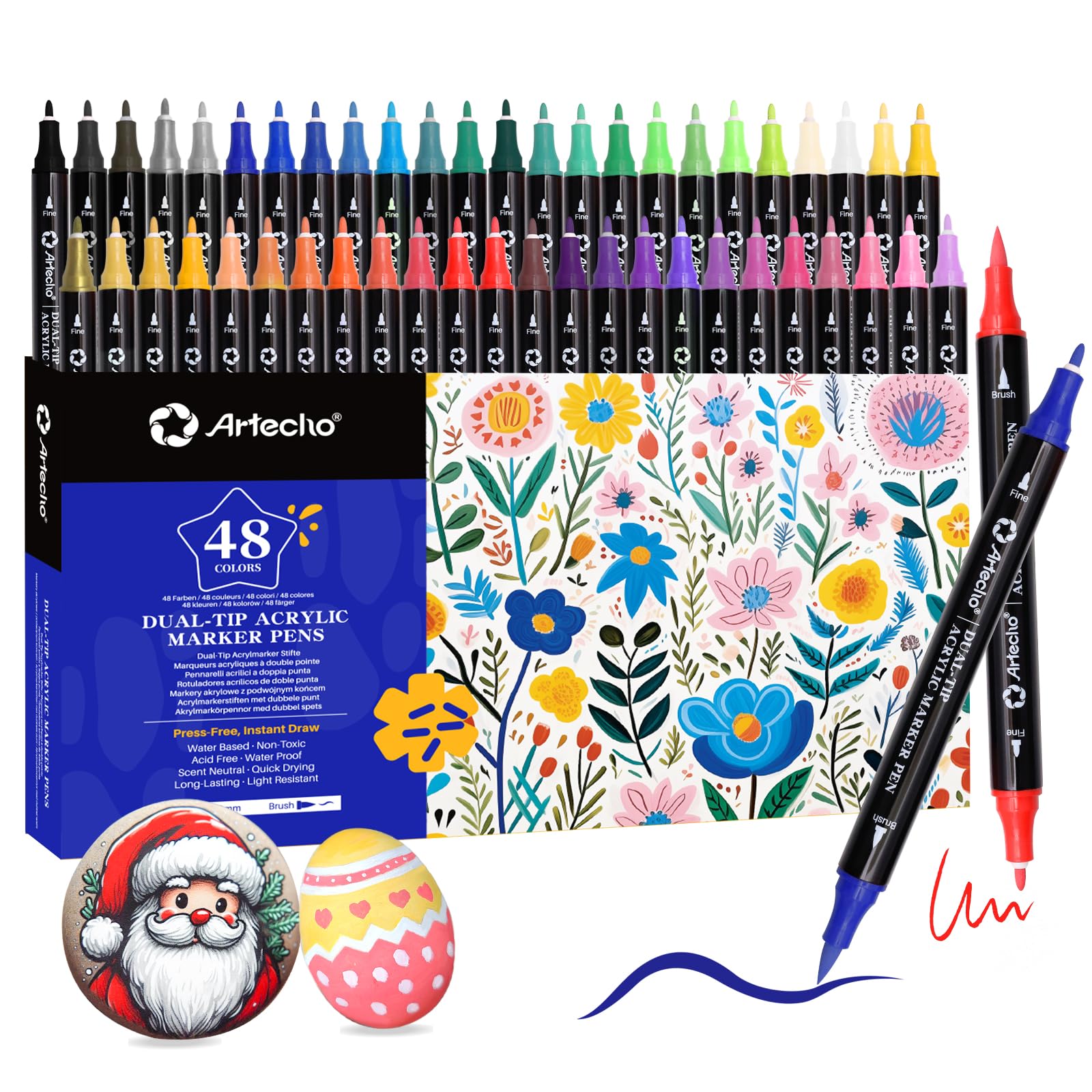 Artecho Acrylic Paint Pens 48 Colors, Dual Tip Acrylic Paint Markers with Brush Tip and Fine Tip for Rock Painting, Glass, Paper, Wood, Egg, Canvas, Ceramic, Fabric, leather, DIY Crafts