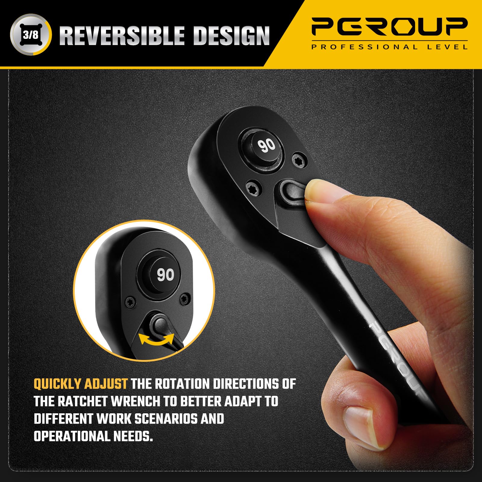 pgroup 3/8-Inch Drive Ratchet Wrench, 90 Tooth Reversible Ratchet, 4-Degree Swing, Ergonomic Handle, Chrome Alloy Made, Quick Release Ratchet Wrench for Repairing, Home, DIY