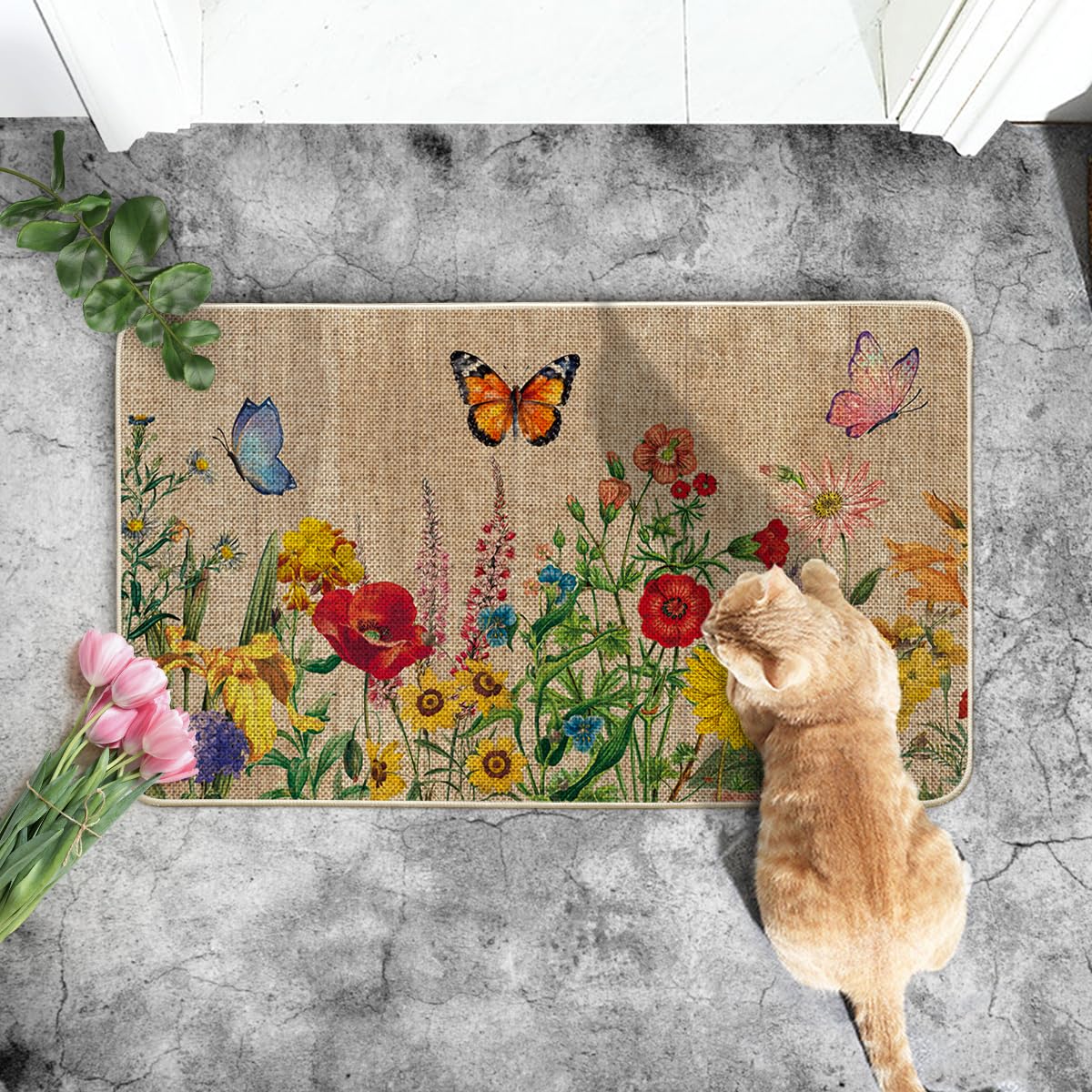 Artoid Mode Wood Flowers Butterfly Spring Doormat, Home Summer Decor Low-Profile Switch Rug Door Mat Floor Mat for Indoor Outdoor 17x29 Inch