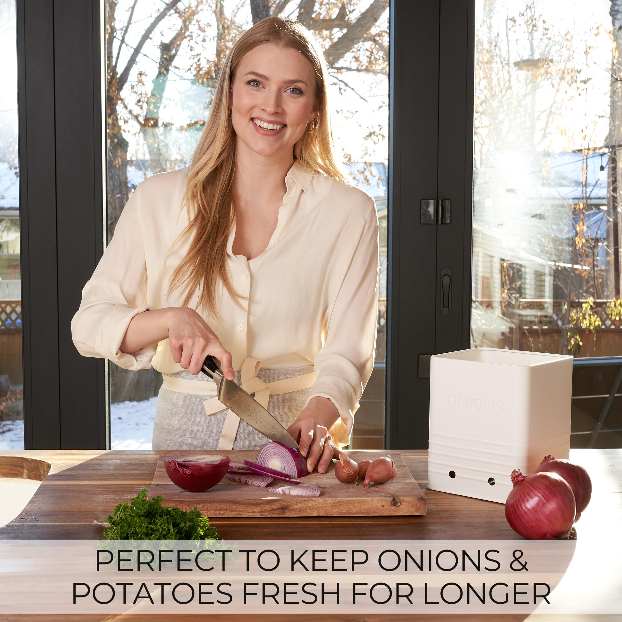 ZICOTO Beautiful Potato Storage Box Set of 2 For Kitchen Countertop - Perfect Storage Containers For Onion, Garlic, Vegetable - Food Safe Metal Holder Bin Set For Fruits