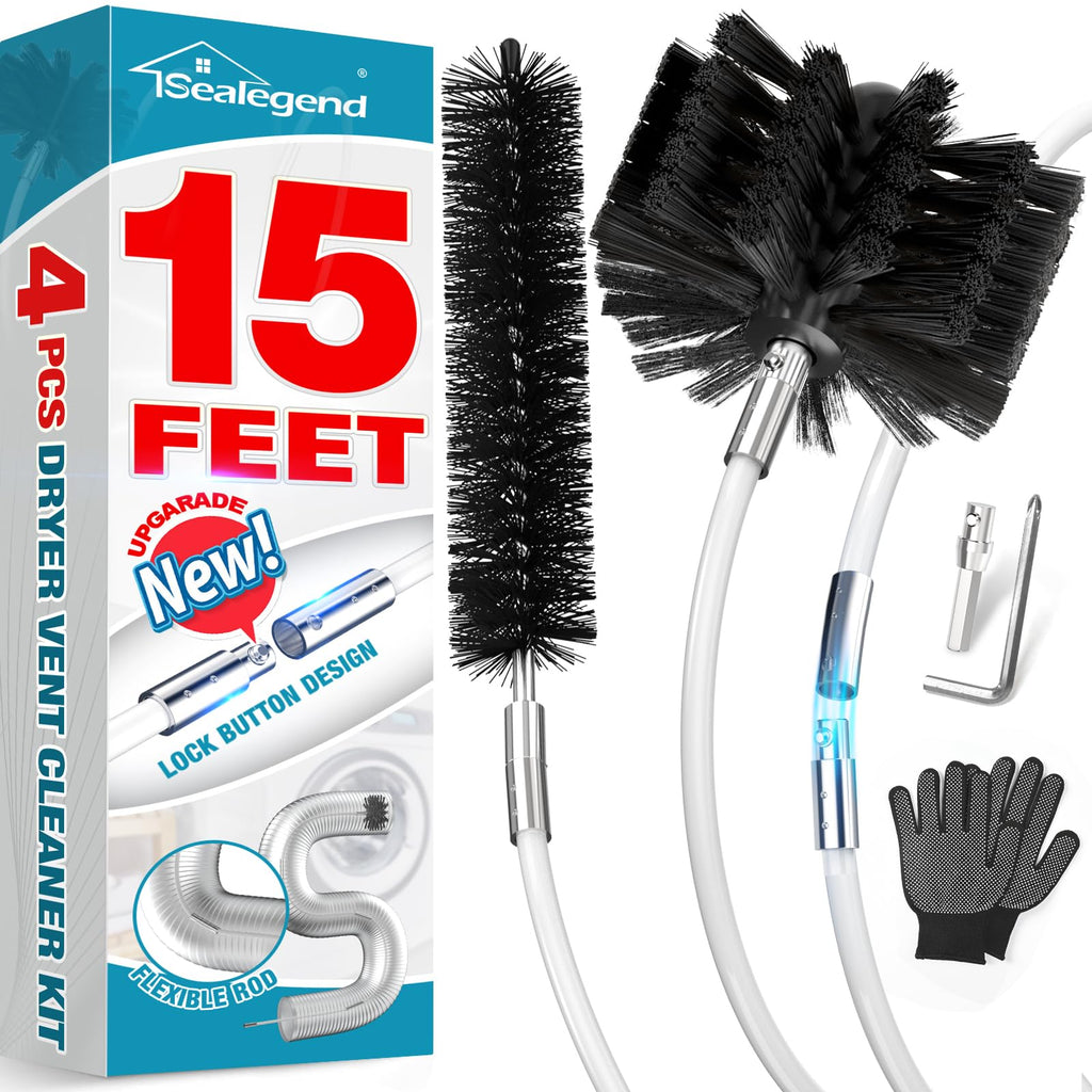 Sealegend 15 Feet Dryer Vent Cleaning Brush, Flexible Lint Brush with Drill Attachment, Upgraded Quick Snap Rods Extends Up to 15 Feet for Faster Cleaning