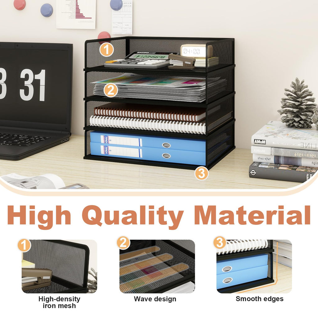 Natwind 4 Tier Stackable Paper Trays for Letter Documents, Desktop File Organizers for Office Supplies, Metal Mesh Desk Organizer，Office Organizer，Letter Trays for Home, Office, School，Black