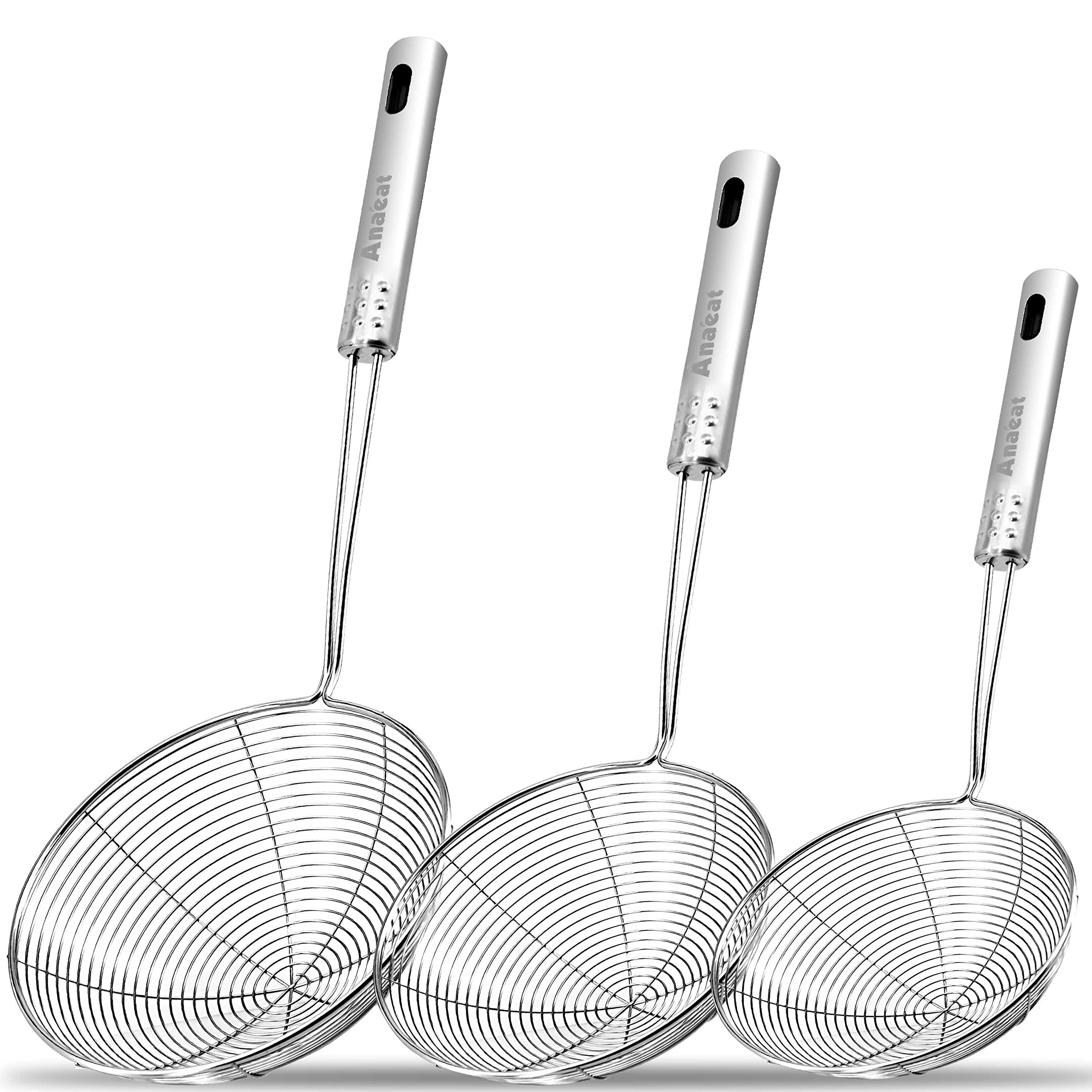 Anaeat Stainless Steel Spider Strainer Skimmer, Set of 3 Professional Kitchen Pasta Strainer Spoon with Long Handle - Asian Strainer Ladle Wire Skimmer Spoons for Cooking and Frying (4.5"+5.3"+6.1")