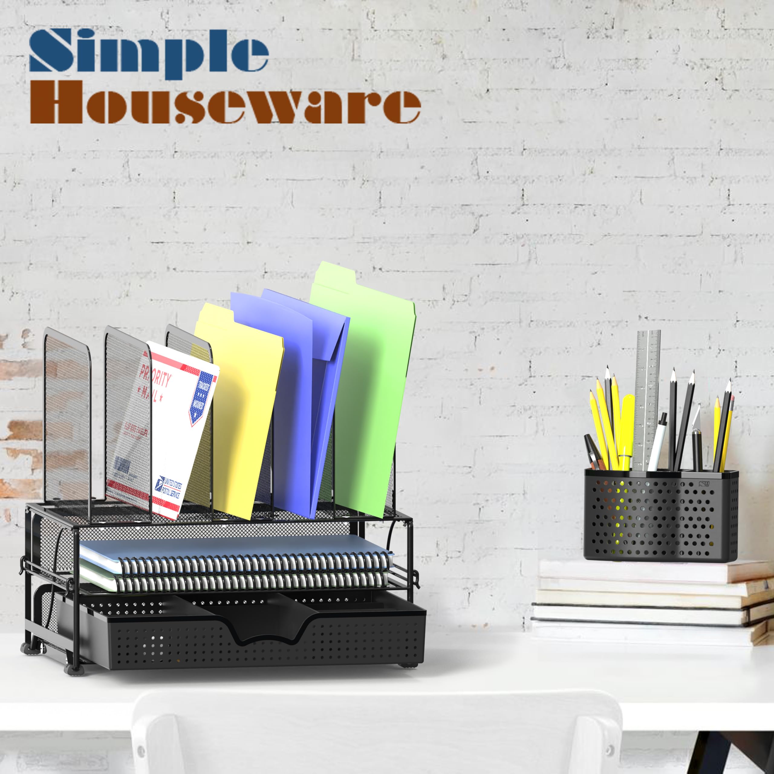 SimpleHouseware Desk File Organizer for Office Stationery with Sliding Drawer, Double Tray, Pencil Holder, and 5 Upright Sections, Black