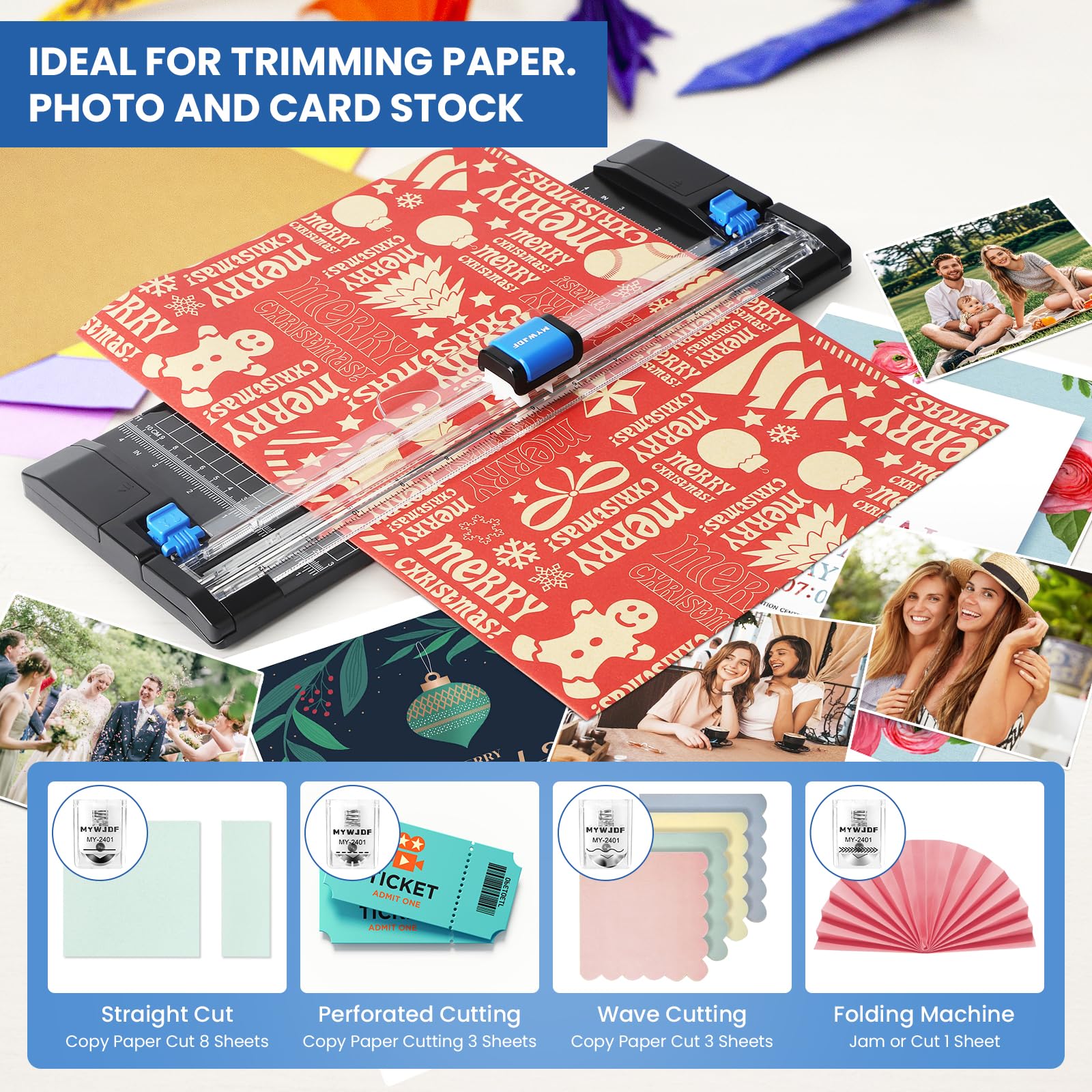 Paper Cutter, 12 Inch Rotary Trimmer, 5 Blades 4 Functions, Up to 6 Sheets Cut, with 2 Reversible Cutting Mats, Black Patent for Cardstock Scrapbooking