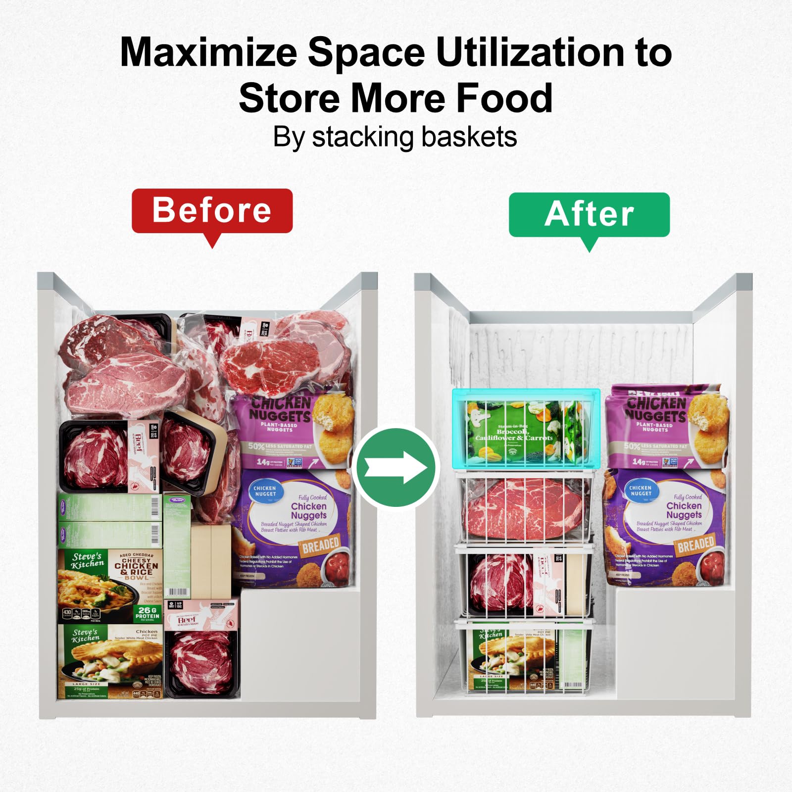 iSPECLE Freezer Organizer Bins- 4 Pack Stackable Freezer Baskets for 5 Cu.Ft Deep Freezer Sort Frozen Foods Chest Freezer Organizer with Handles Easily Get Food and Add Storage Space, White