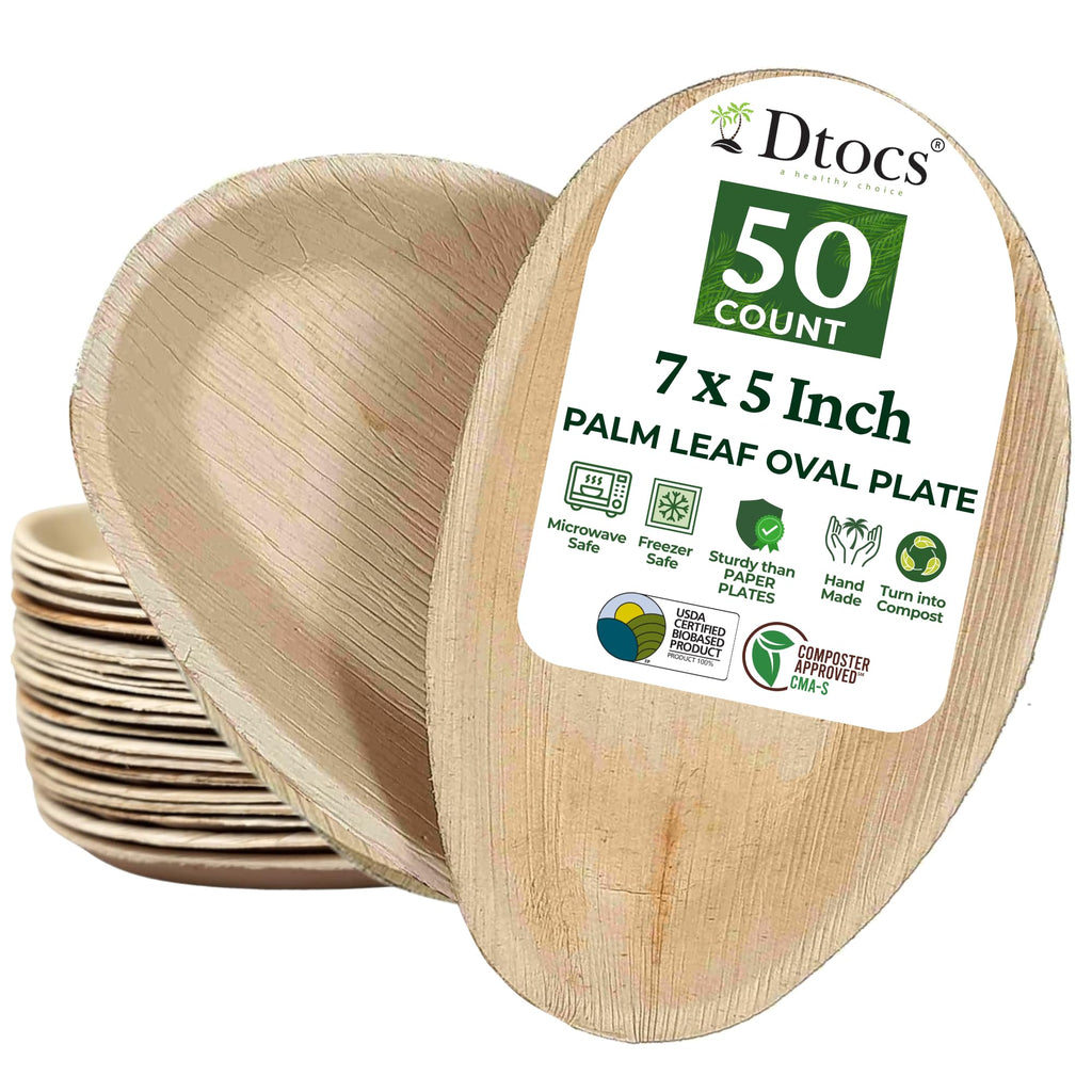 Dtocs Palm Leaf Disposable Plates 7x5 Inch Oval (50) | Wooden, Bamboo Plates Look | Dinnerware Set for Appetizer, Dinner, Mini Charcuterie Boards | Disposable Alt to Plastic, Wood, Paper Plates