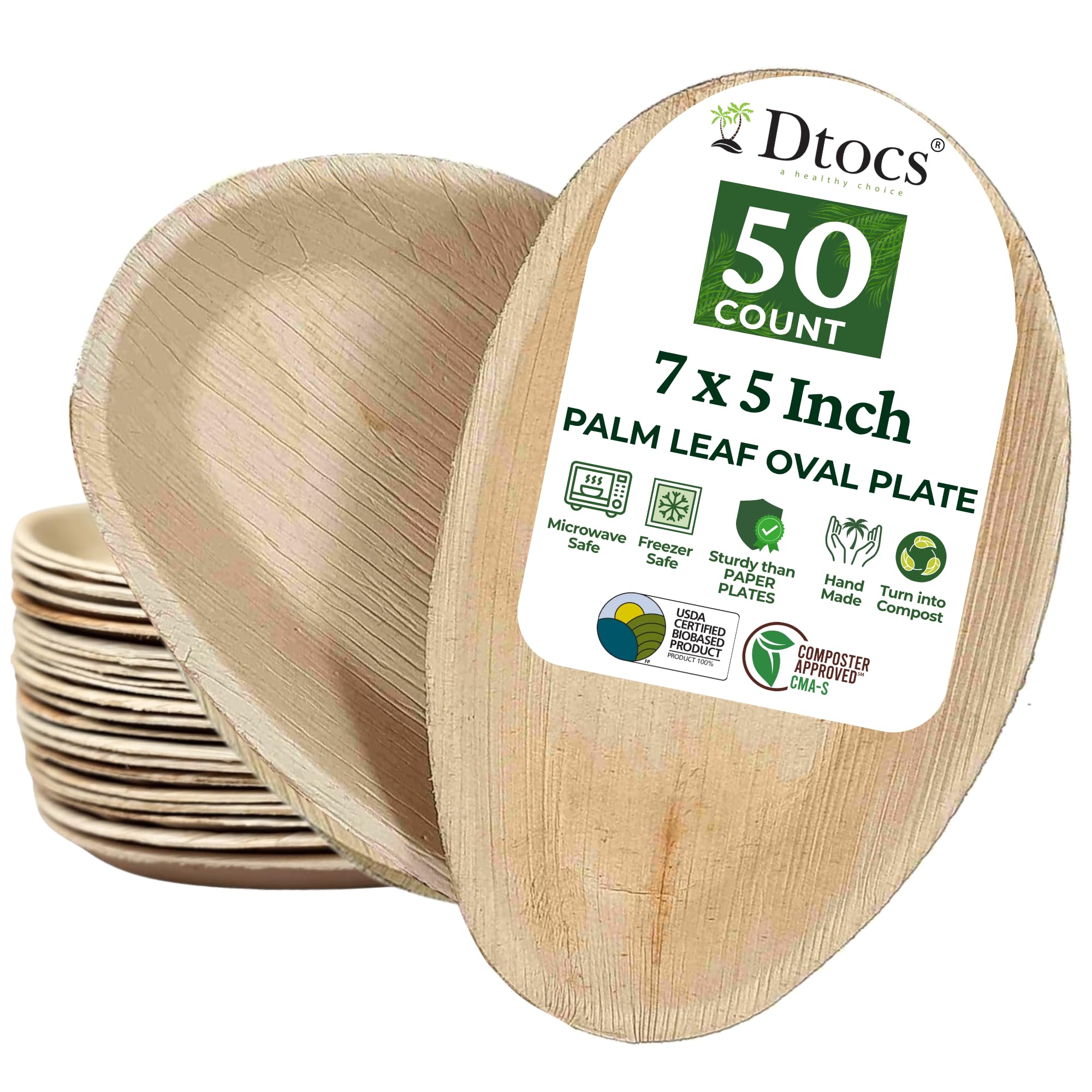 Dtocs Palm Leaf Disposable Plates 7x5 Inch Oval (50) | Wooden, Bamboo Plates Look | Dinnerware Set for Appetizer, Dinner, Mini Charcuterie Boards | Disposable Alt to Plastic, Wood, Paper Plates