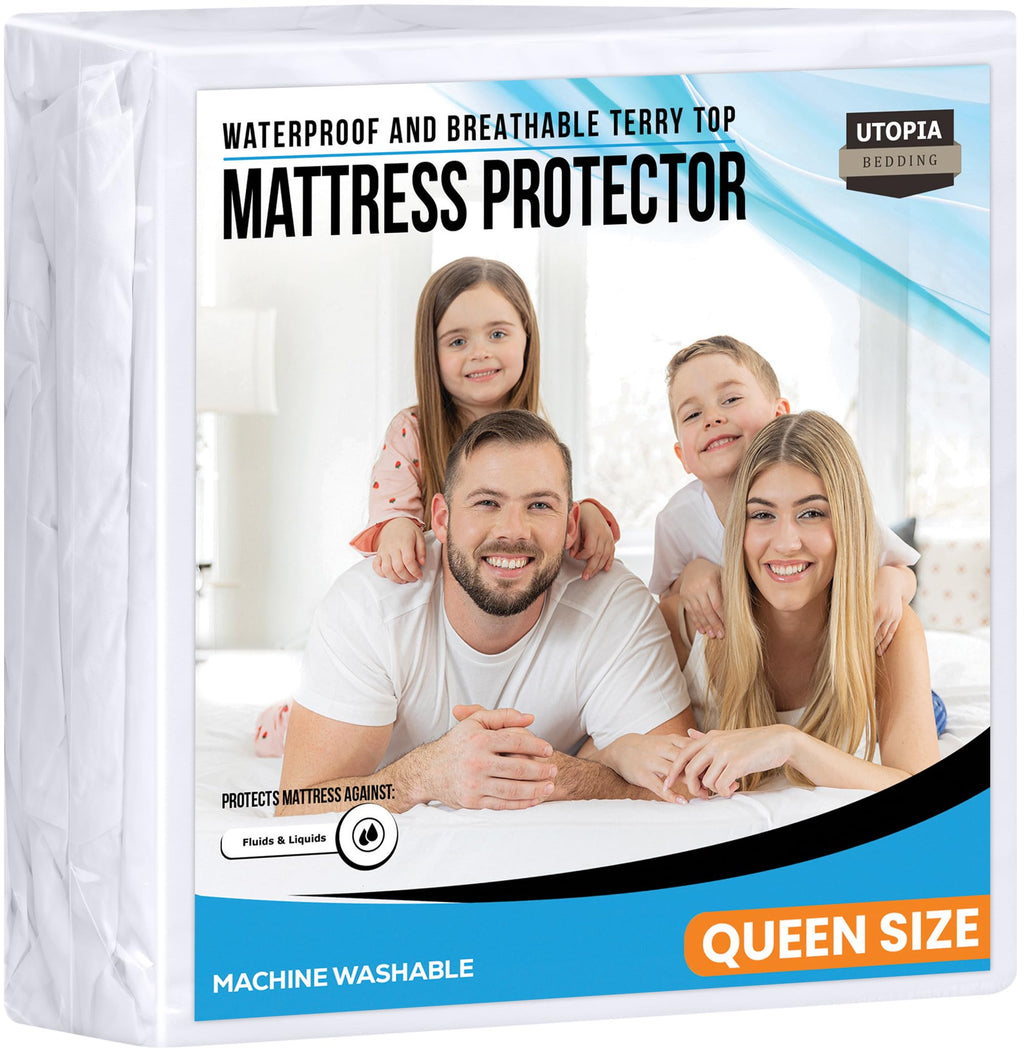 Utopia Bedding Waterproof Mattress Protector Queen Size, Premium Terry Mattress Cover 200 GSM, Breathable, Fitted Style with Stretchable Pockets (White)