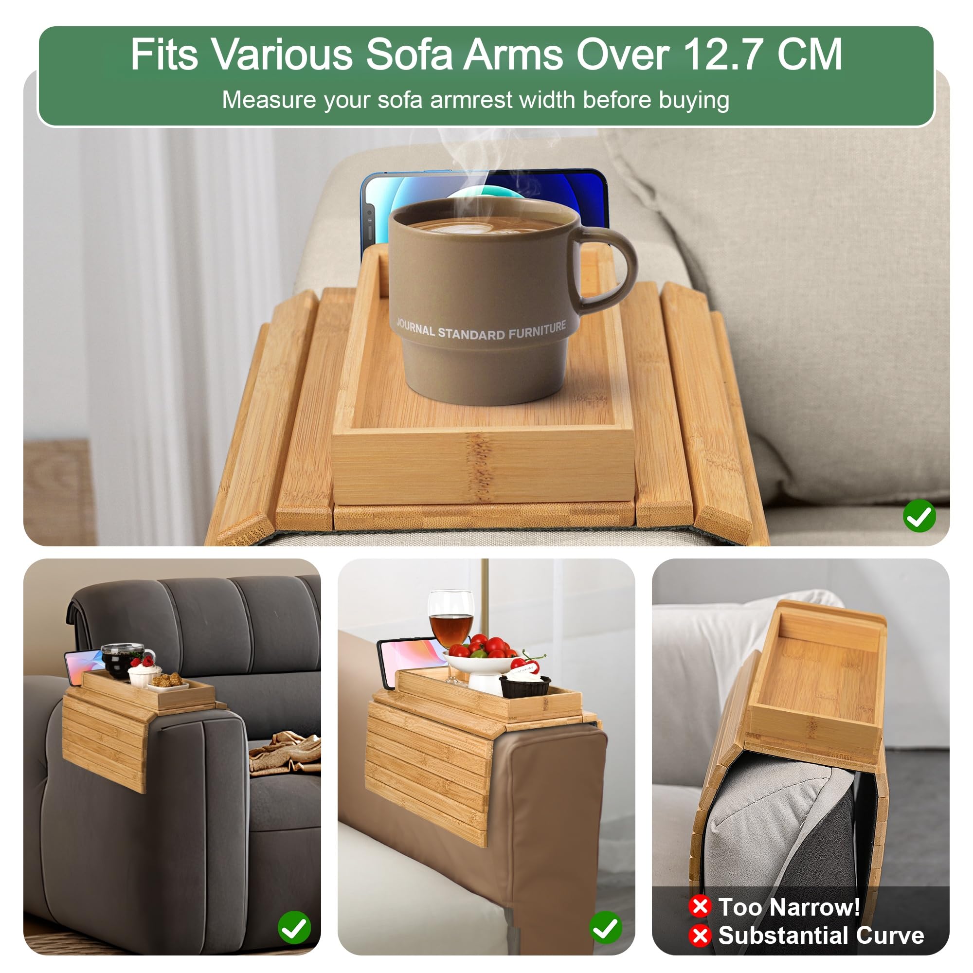 Joy&Grace Couch Arm Tray, 3-in-1 Magnetic Detachable Sofa Arm Table with Phone and Tablet Holder Bamboo Couch Cup Holder, Foldable Sofa Armrest Tray for Eating, Drinks, Phones (Natural)