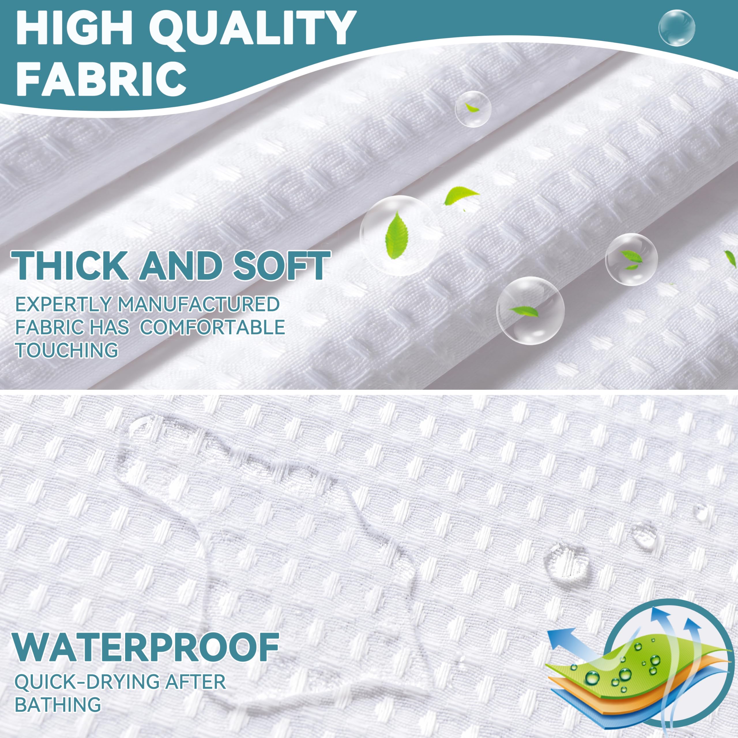Conbo Mio Fabric Waffle Weave Hotel Shower Curtain with Snap in Liner for Bathroom Waterproof Machine Washable Shower Curtain (Waffle-White, 71" W x 74" H)