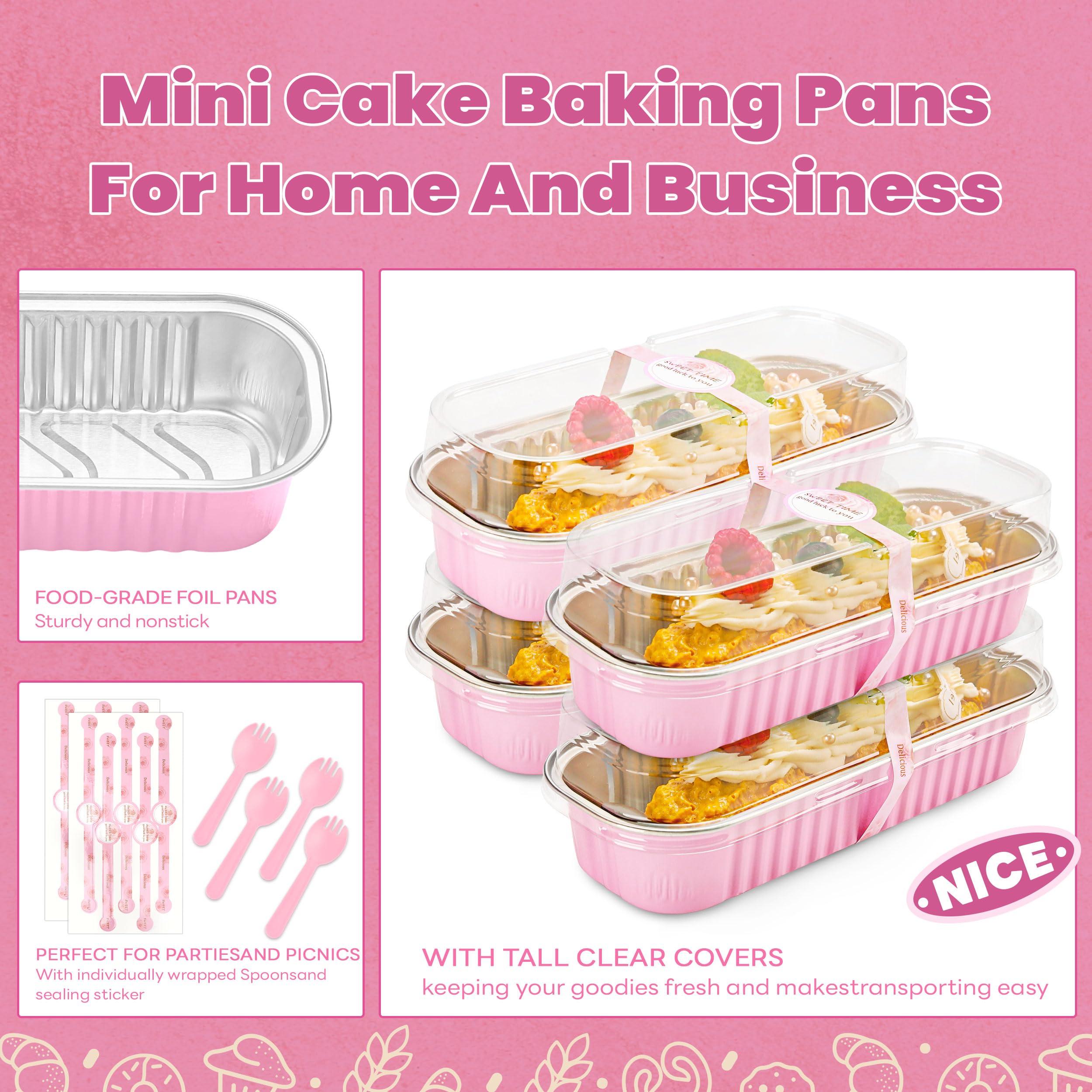 NPLUX Mini Loaf Pans with Lids and Spoons Rectangular Aluminum Foil Baking Pans Mini Cheesecake Containers 6.8oz Mothers Day Party Favors(120 Pack, Pink)