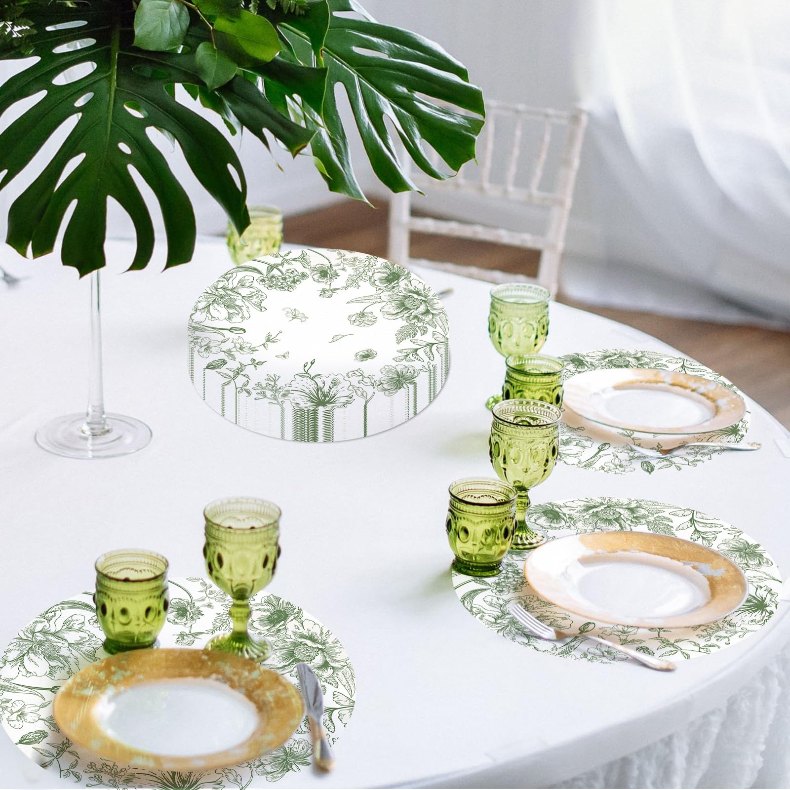 50 Pack Paper Placemats Disposable Green Floral Placemats 13.7 Inch Vintage Sage Green Flower Place Mats Chinoiserie Round Table Mats for Dinner Table Setting Birthday Wedding Party Supplies