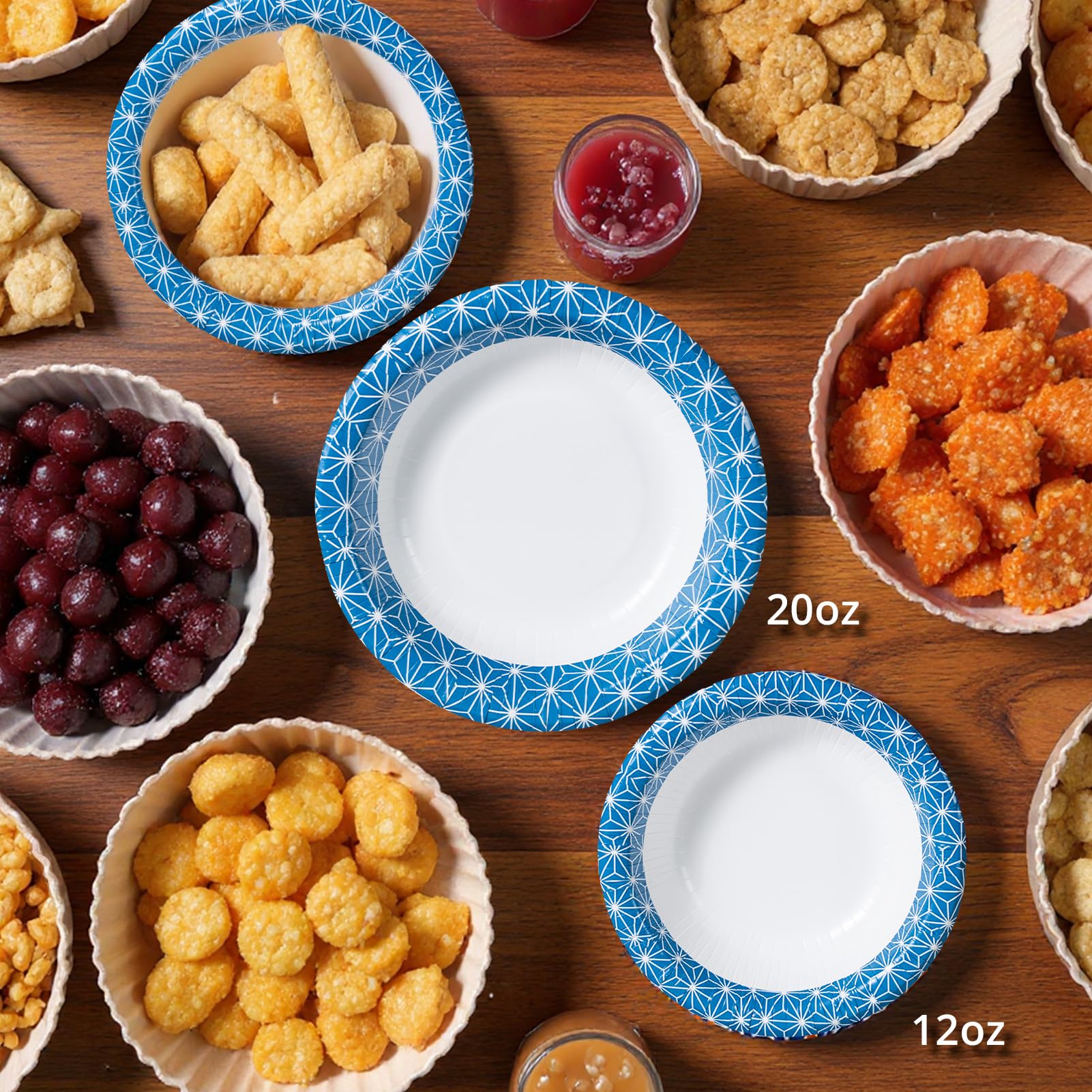 Paper Bowls, 355 ml, 150-Count, Microwave-Safe, Soak-Proof, Disposable Bowls with Asanoha Mosaic Design, Great for Soup, Salad, Snacks, and Meals