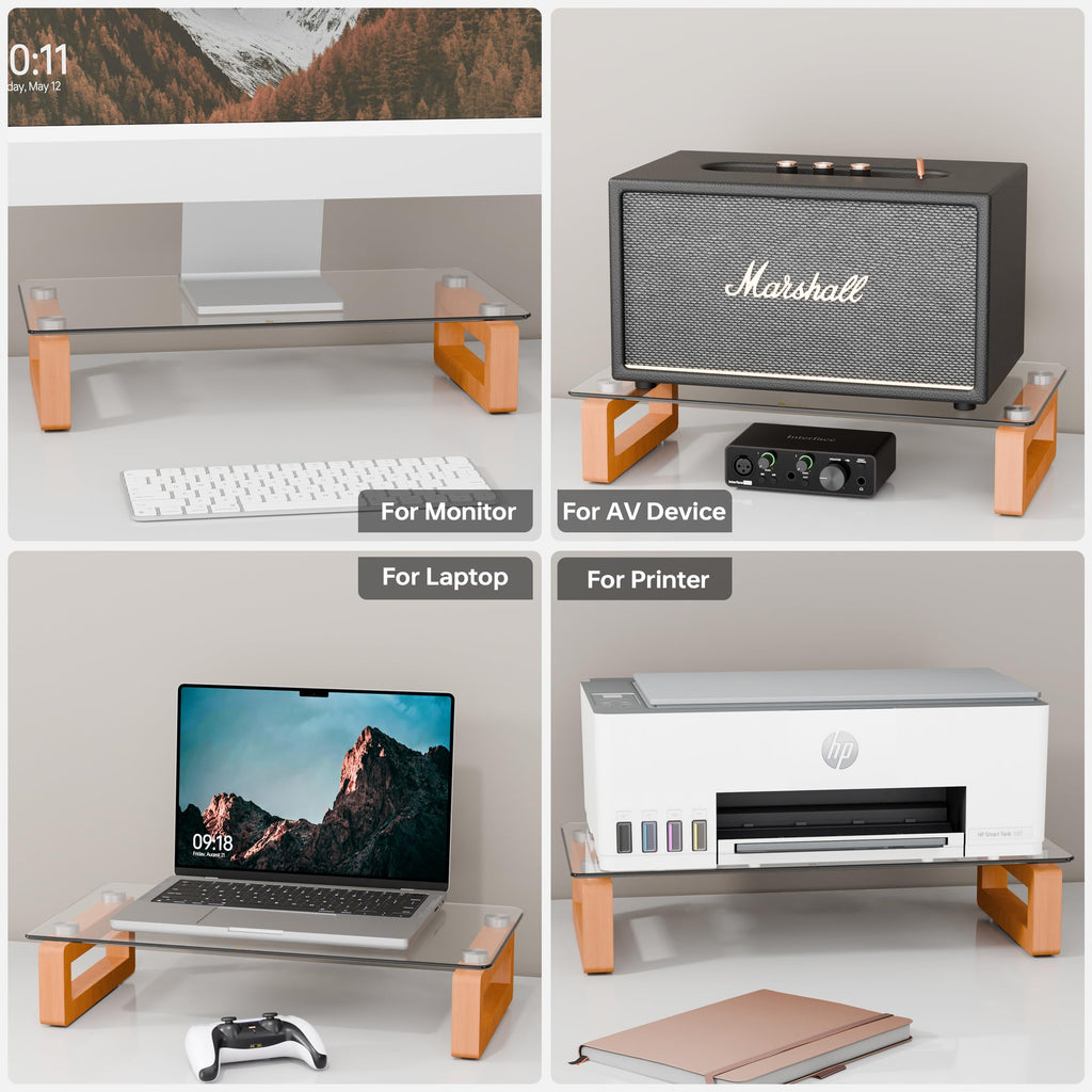 Clear Glass Computer Monitor Stand Riser with Wooden Base for Flat Screen LCD, LED TV, Laptop, Printer, Multi Media Desktop Stand, Office Supplies Desk Organization (Light&Clear)