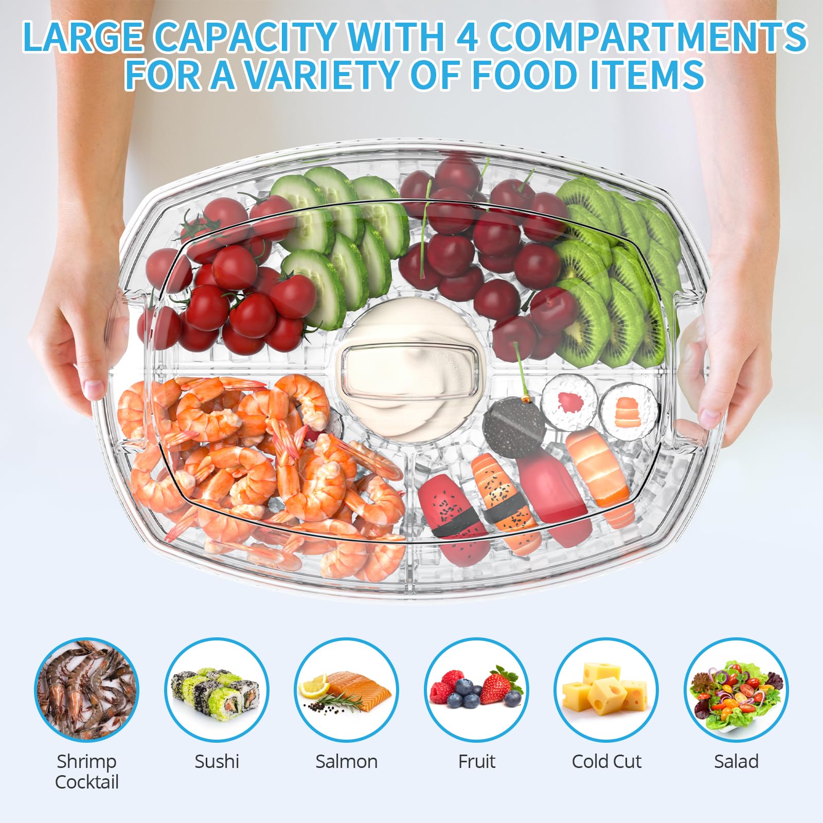 Tangyinus Ice Chilled Party Platter - 15'' Divided Serving Tray with Lid and 4 Compartments, Clear Fruit Trays for Serving for Party, Ideal Cold Chilled Serving Trays for Parties, Shrimp Cocktail, Etc