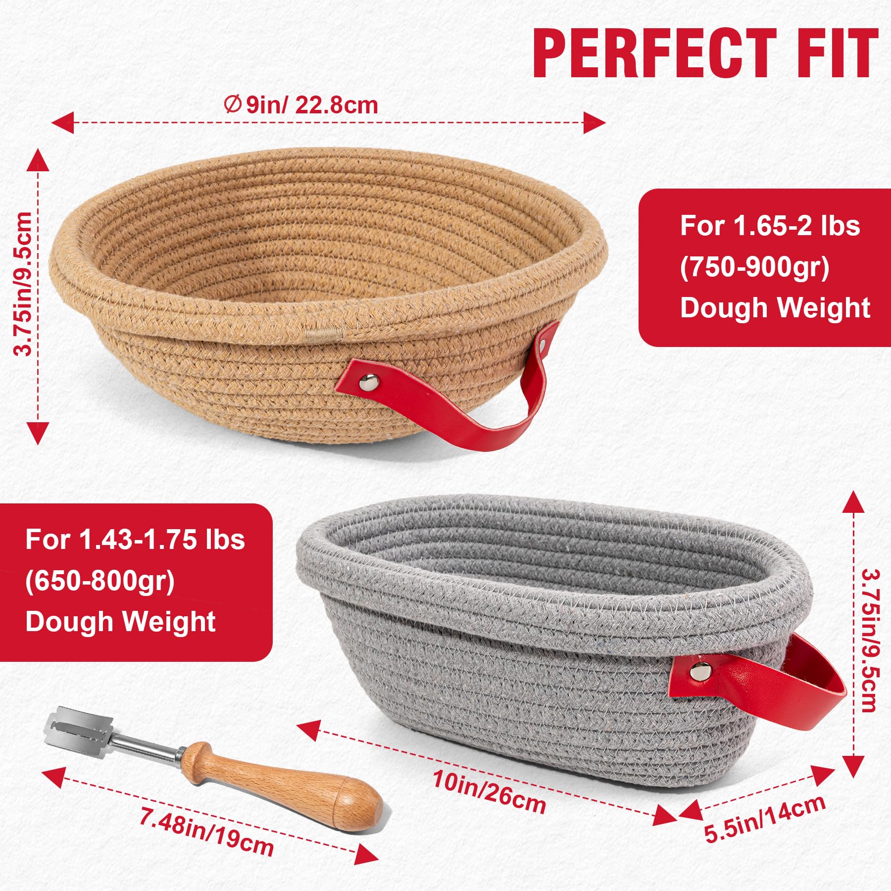 Banneton Proofing Basket Set - 9" Round & 10" Oval with Liners & Covers & Bread Lame | Cotton Rope Sourdough Bread Proofing Basket, Sourdough Tools Baking Supplies Gifts for Bakers, Women, Wife, Mom