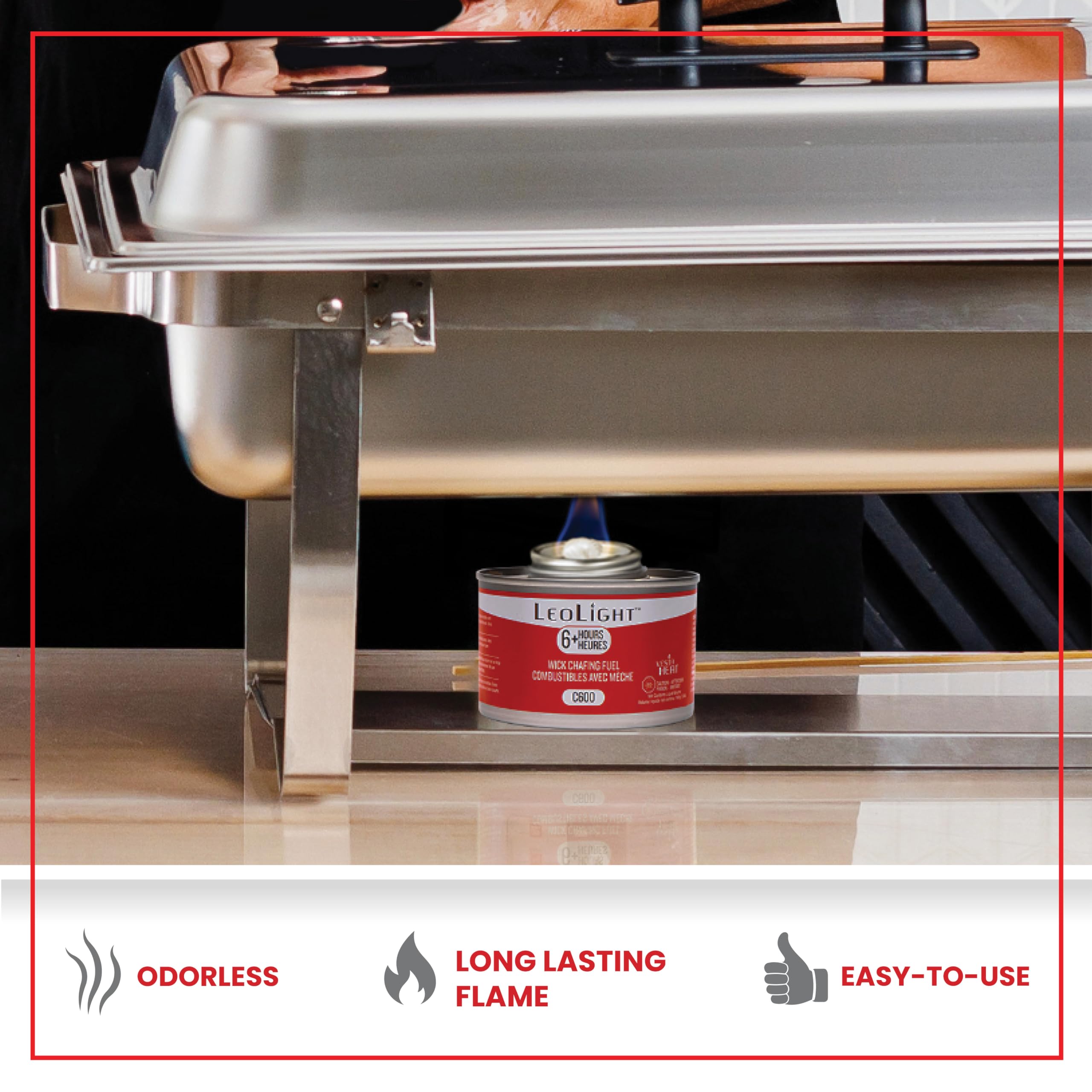 6 Pack Chafing Fuel 6 Hour Burn – Odorless, Smokeless & Spill-Proof Wick, 7.8oz Food Warmer Fuel for Chafing Dish Buffet Set & Catering Use, LeoLight