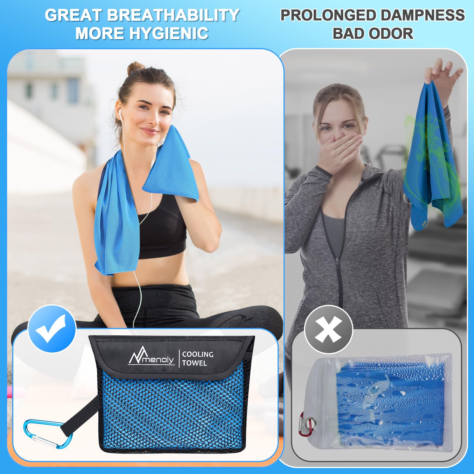 MENOLY 10 Pack Cooling Towels with Carrying Bags, 40"x12" Cooling Towels for Neck and Face, Instant Gym Towels, Cooling Towel Workout Towels for Sports, Sweat, Yoga, Camping, Running Cooling rag