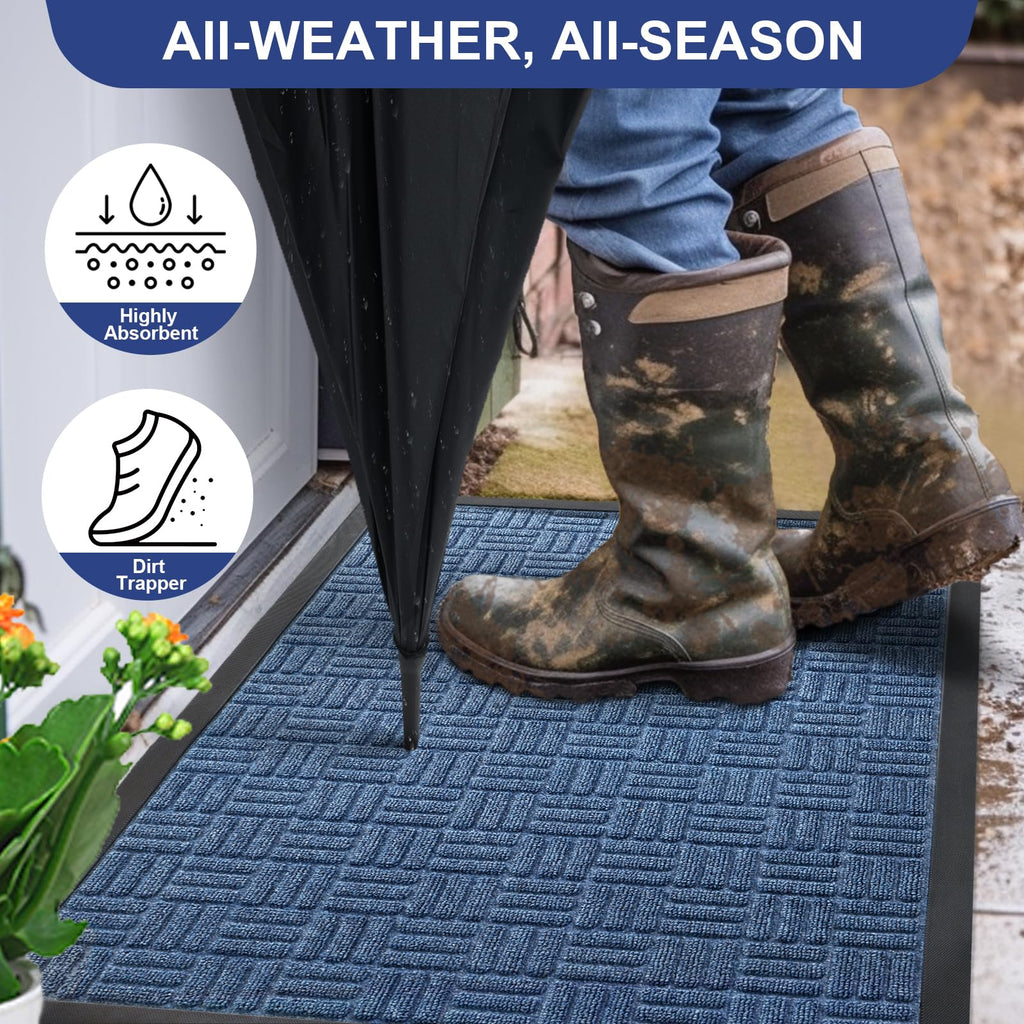 Mibao Front Door Mat, Heavy Duty Durable Welcome Mat for Outdoor Indoor, Dirt Trapper Waterproof Super Absorbent Door Mat for Entryway Outside Patio Porch, 29.5" x 17", Blue
