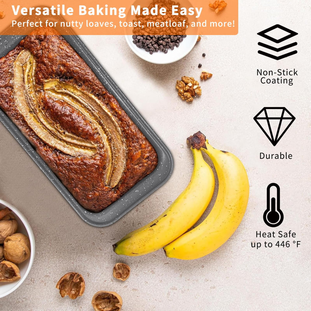 Barlket Baking Pans Set, Baking Set Nonstick with Grey Marble Coating, 5-Piece, Oven Safe, Even Heating, Stackable Bakeware Set with Carbon Steel Round/Square Cake Pan, Muffin, Bread Tin
