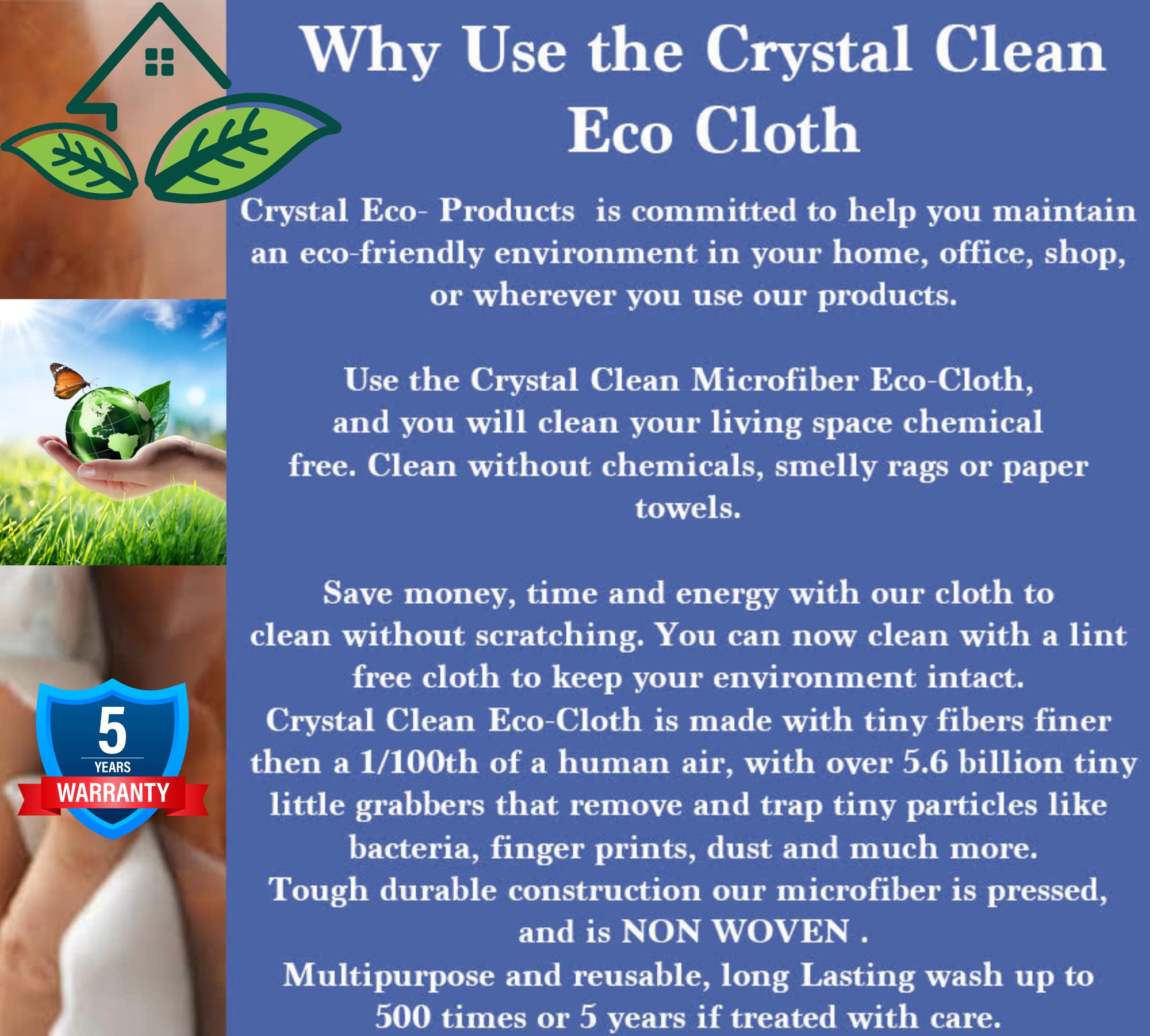 Crystal Clean Eco-Cloth Amazing Lint-Free/Streak-Free/Chemical-Free Microfiber Cloth for Windows & Glass/Mirrors Stainless Steel Appliances TV/Computer/Tablets...5 in a Pack, White, 16''x16''